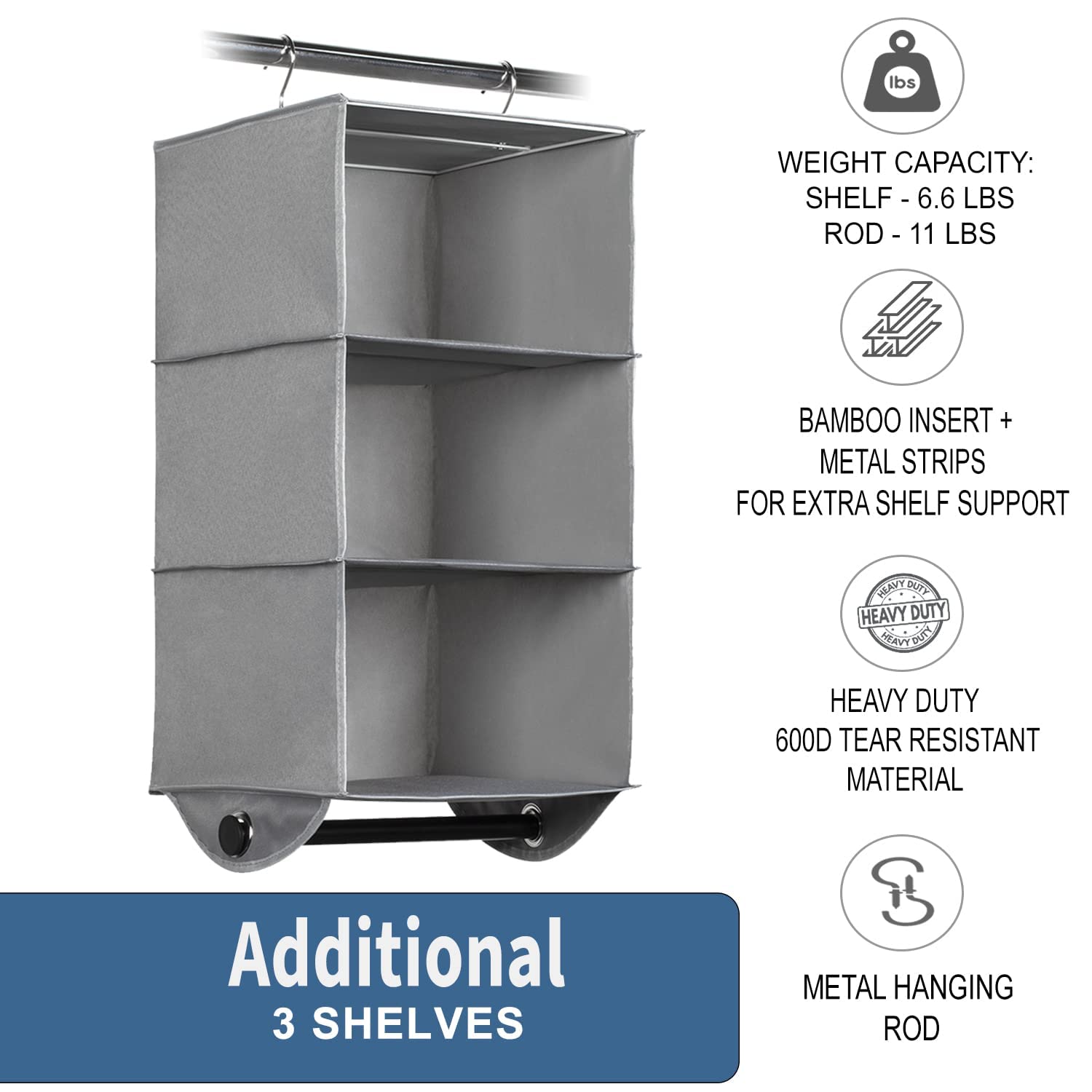 Hanging Closet Organizers with 3 Shelves - Closet Storage and RV Closet Organizer - Grey with Black Metal Rod - 12� W x 12� D x 29-1/2� H - Perfect for College Dorms  - Very Good