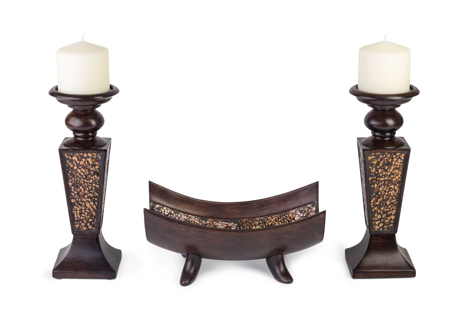 Creative Scents Schonwerk Pillar Candle Holder Set of 2- Crackled Mosaic Design- Functional Table Decorations- Centerpieces for Dining/Living Room- Best Wedding Gift (Brown)  - Like New