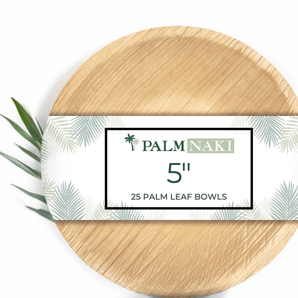 PALM NAKI Round Palm Leaf Bowls 5 Inch (25 Count) - Disposable Dinnerware, Compostable and Biodegradable Bowls (5" Bowls)  - Like New