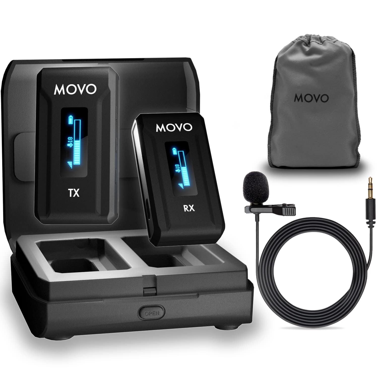 Movo WMX-2 Wireless Camera Microphone with Charging Case - Wireless Lapel Mic - 7HR Battery, 328' Range, Adjustable Gain, & LED Display  - Very Good