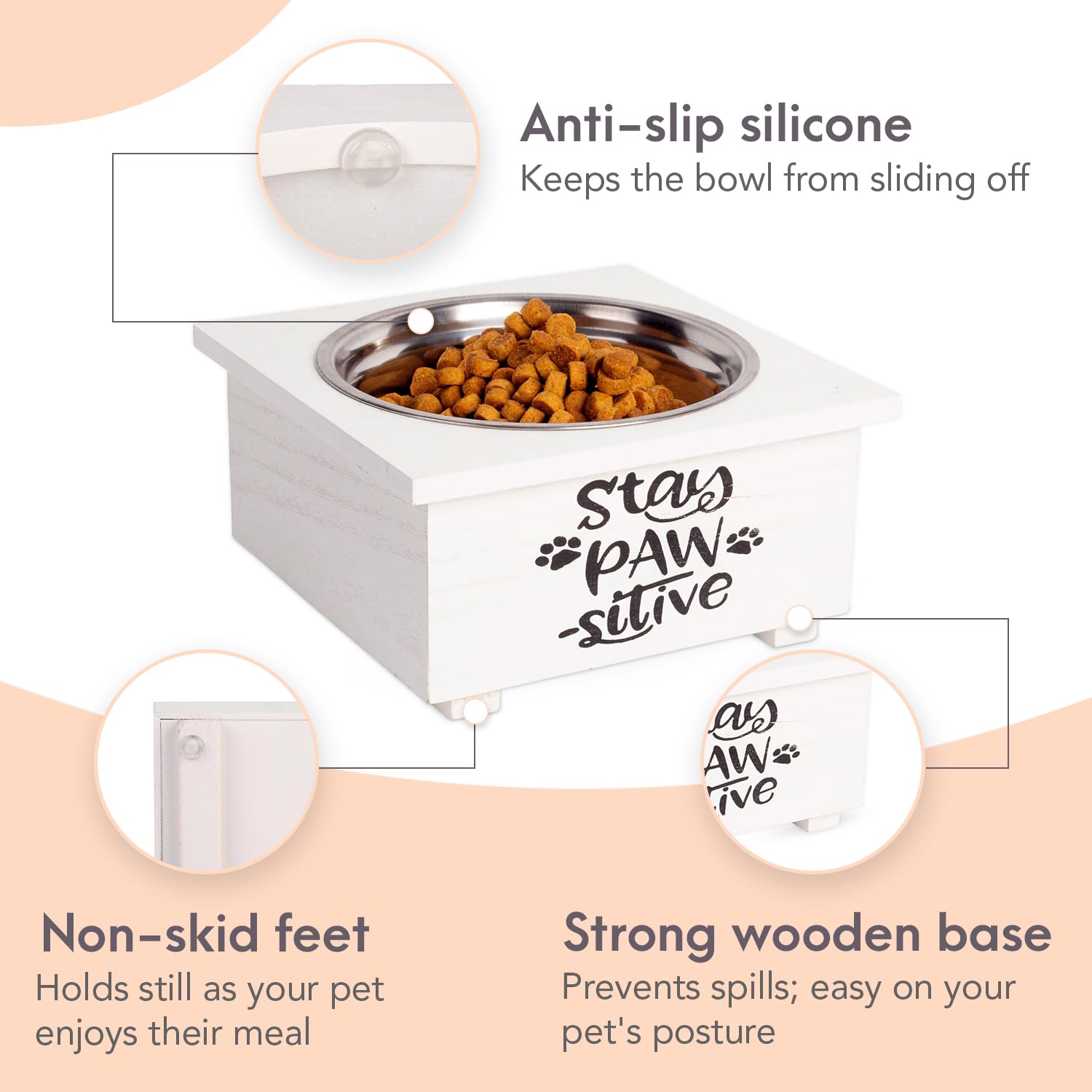 MosJos Elevated Feeding Pet Bowl - Dog, Puppy Supplies, Stainless Steel Bucket with Wooden Base, Pet Bowl Features Text Design, Your Pets and Puppies. Dishwasher Safe  - Like New