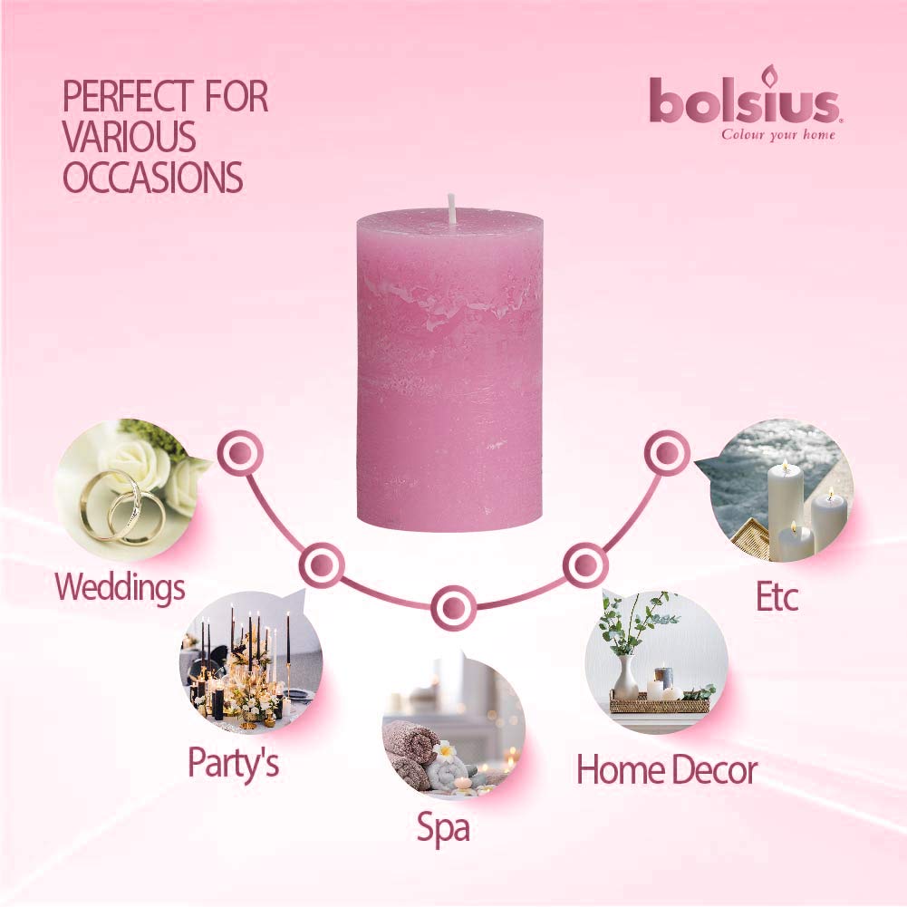 BOLSIUS Rustic Pink Unscented Pillar Candles -2" X 4" Decoration Candles Set of 4 - Clean Burning Dripless Dinner Candles for Wedding & Home Decor Party Restaurant Spa- Aprox (100X50m)  - Like New