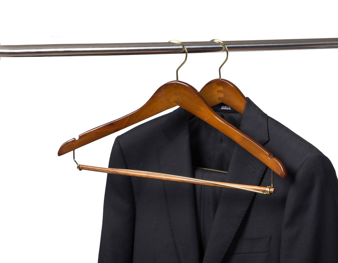 Quality Hangers Wooden Hangers Beautiful Sturdy Suit Coat Hangers with Locking Bar Gold Hooks  - Like New