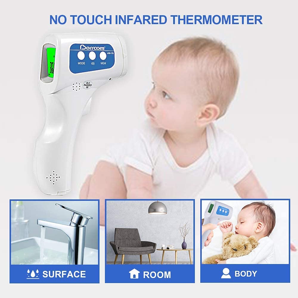 Berrcom Non Contact Infrared Forehead Thermometer for Adults, Kids, Baby - Medical Grade Digital Termometro Fever Check Temperature JXB-178 - Includes 5 Face Masks Bundle (Batteries Not Included)  - Like New