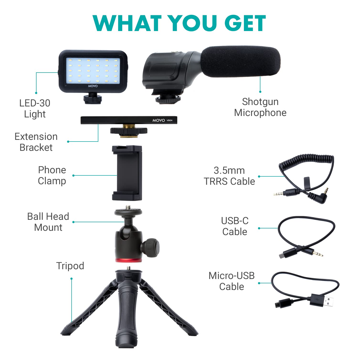 Movo uVlogger- Android/USB-C Compatible Vlogging Kit Phone Video Kit Accessories: Phone Tripod, Phone Mount, LED Light and Cellphone Shotgun Microphone for Phone Video Recording for YouTube, Vlog  - Like New