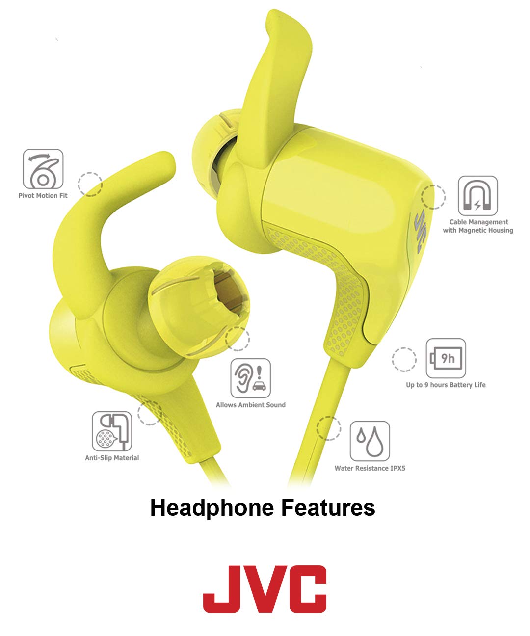 JVC Yellow and Grey Wireless Water Resistant Pivot Motion Sport Headphone with Locking Ear Fit HA-ET50BTY  - Like New