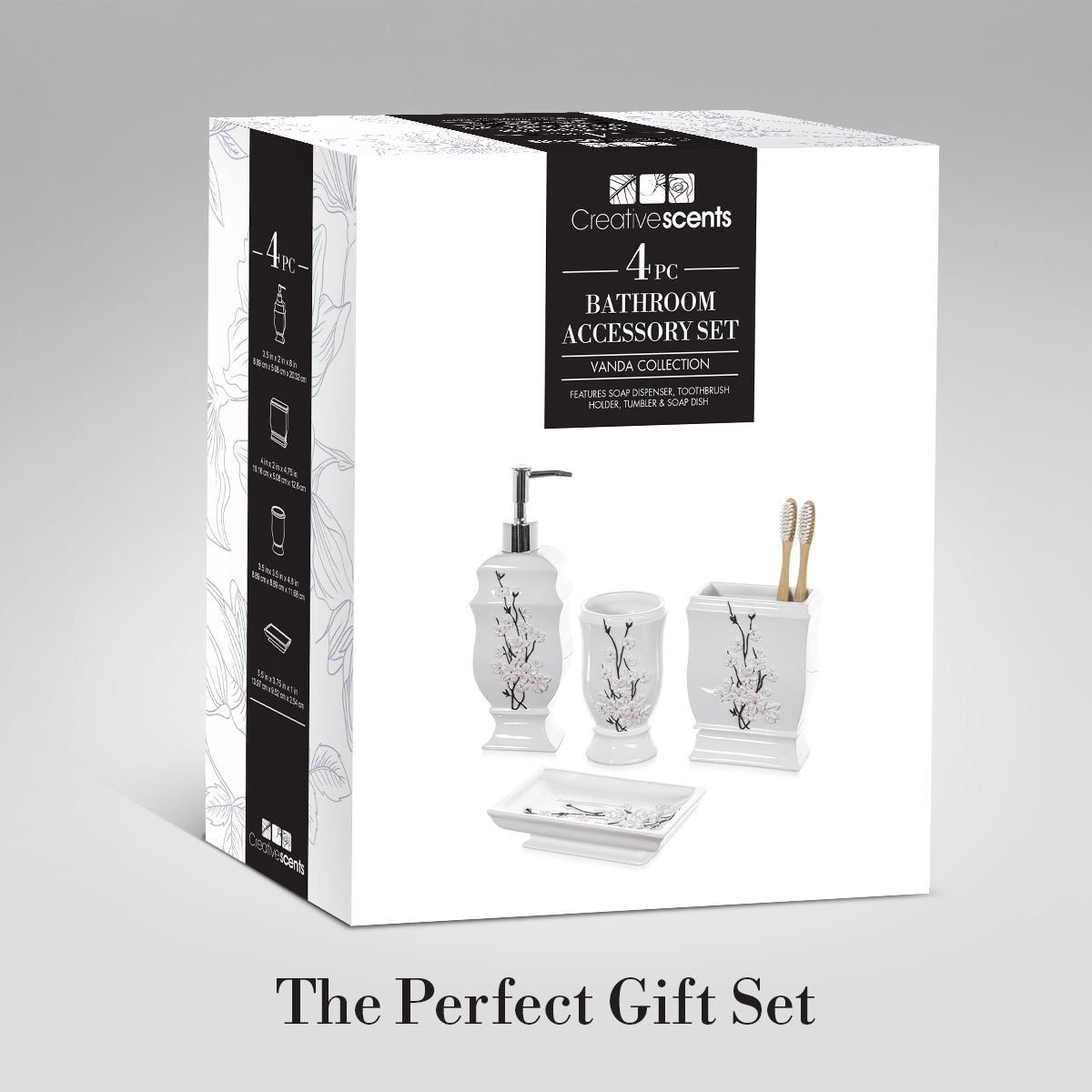Creative Scents White Bathroom Accessories Set - Decorative 4 Piece Bathroom Set - Cherry Blossom Bathroom Accessory Set Includes: Soap Dispenser, Toothbrush Holder, Tumbler and Soap Dish (Vanda)  - Like New