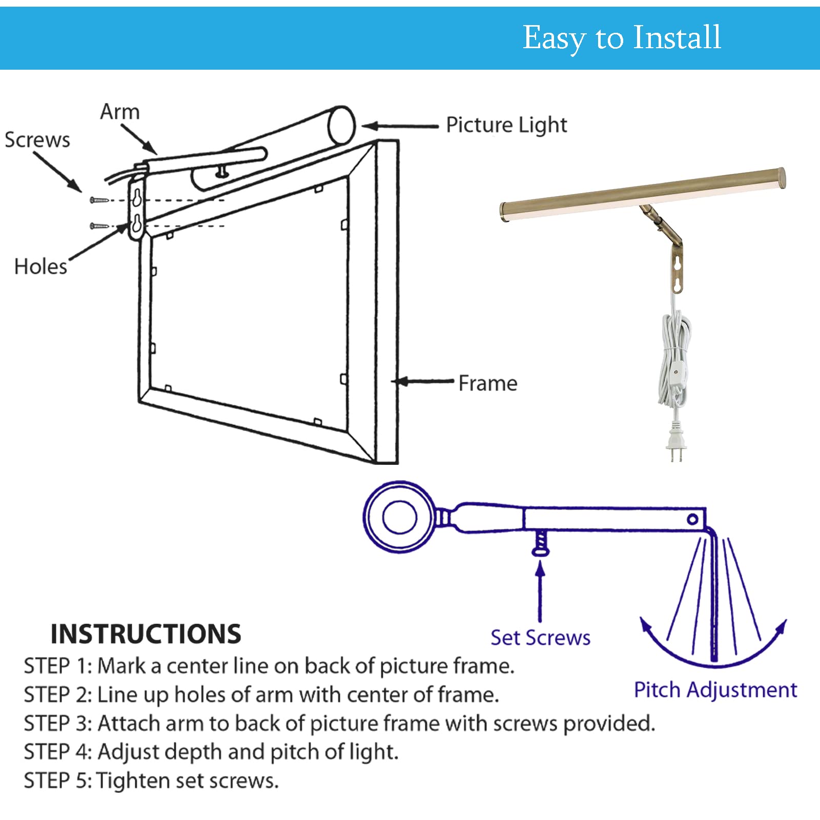 Ciata Picture Light Picture Frame Light Adjustable 14-Inches Integrated LED Art Light, 15 Watt Metal Picture Lights for Wall, Artwork Light with in-line On/Off Switch E12 Candelabra Base Antique Brass  - Good