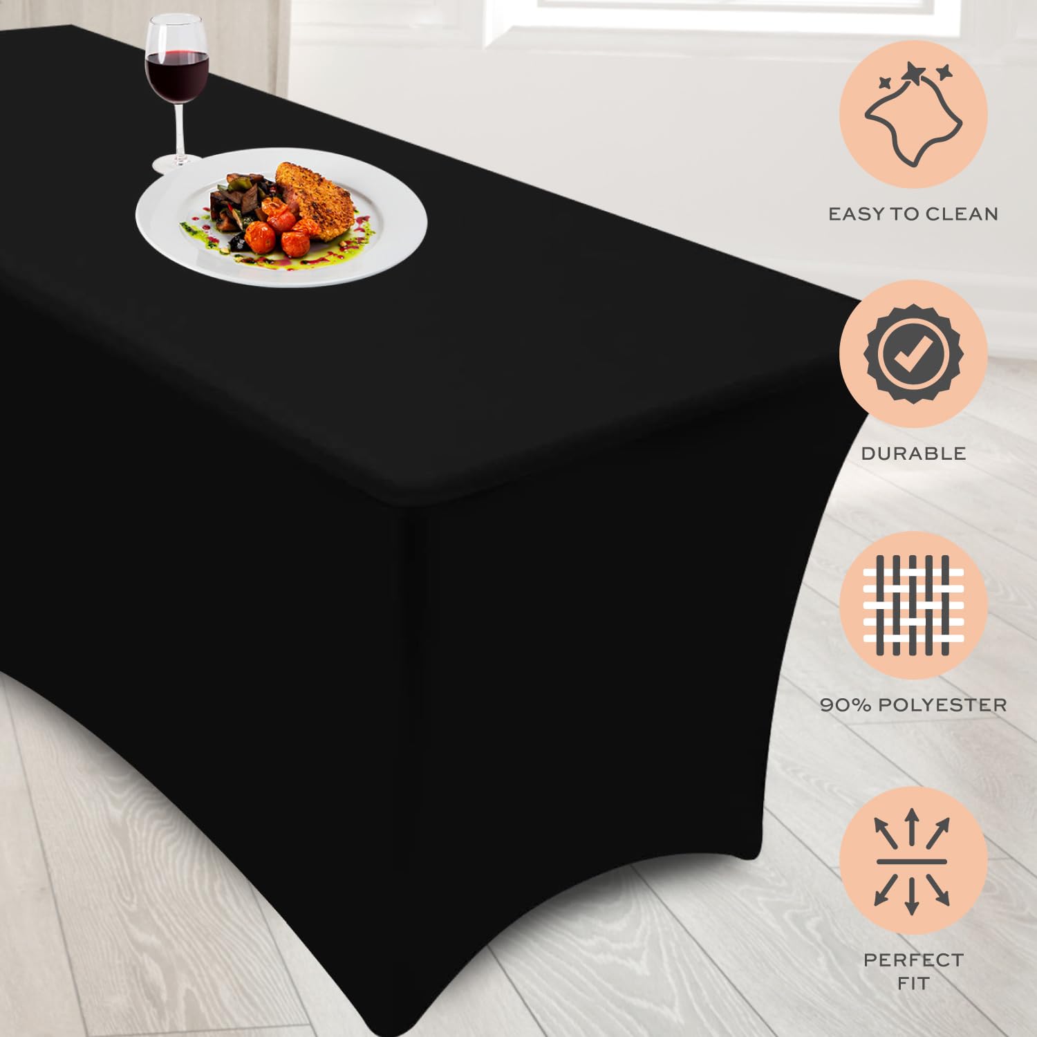 WhiteBasics Fitted Spandex Stretch Tablecloth - Rectangle Durable Fabric Table Cover for 6 FT. Long Banquet Table - Set of 2 (Black)  - Acceptable