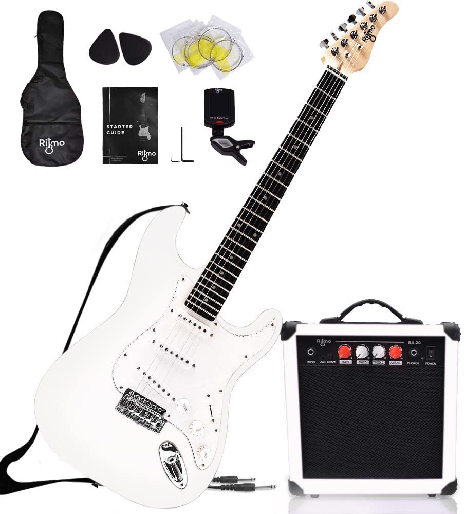 Complete 39 Inch Guitar and Amp Bundle Kit for Beginners-Starter Set Includes 6 String Tremolo Guitar, 20W Amplifier with Distortion, 2 Picks, Shoulder Strap, Tuner, Bag Case - Right-Handed White  - Like New