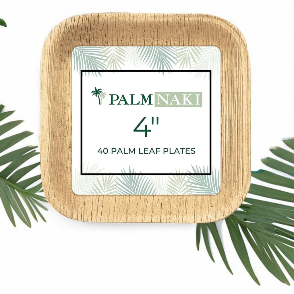 PALM NAKI Square Palm Leaf Plates (40 Count) - Disposable Dinnerware, Compostable and Biodegradable Plates