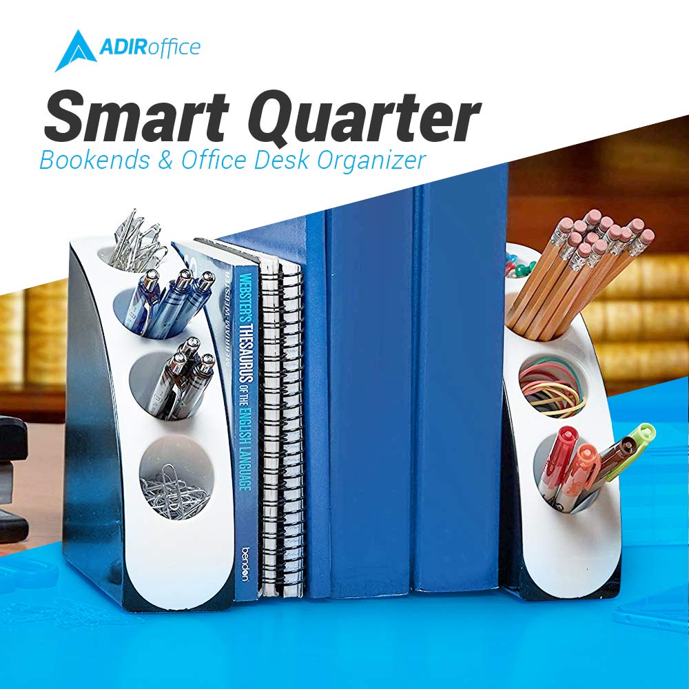 AdirOffice Smart Quarter Bookends & Office Desk Organizer - Heavy Duty Plastic w/Non Skid Bottom - Includes Storage Wells to Keep Your Pens/Pencils in Place for Office/School/Library Use (White)  - Like New