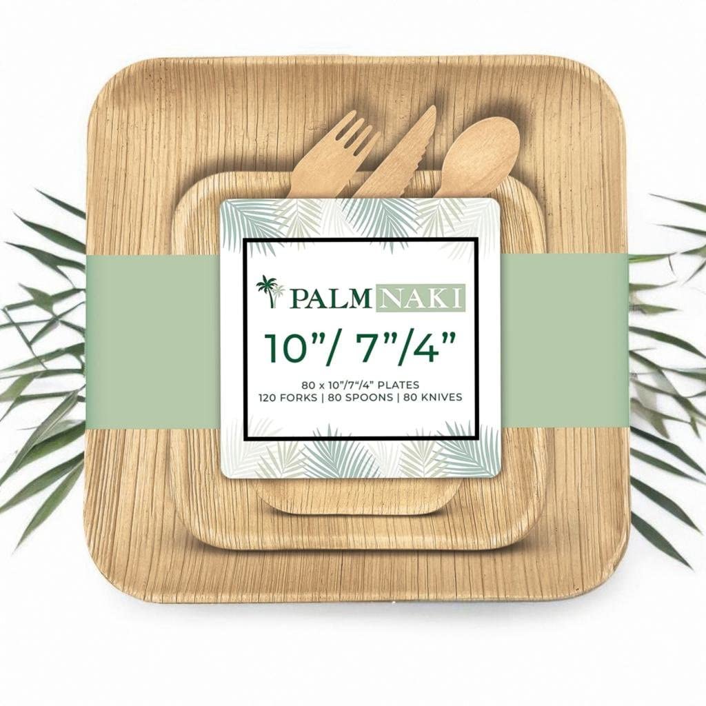 Palm Naki - Palm Leaf Disposable Plates and Matching Cutlery Value Bundle � 240 Square Plates, 10�, 7�, 4� Sets of 80 Each - with Birchwood Cutlery 120 Forks, 80 Spoons, 80 Knives  - Like New