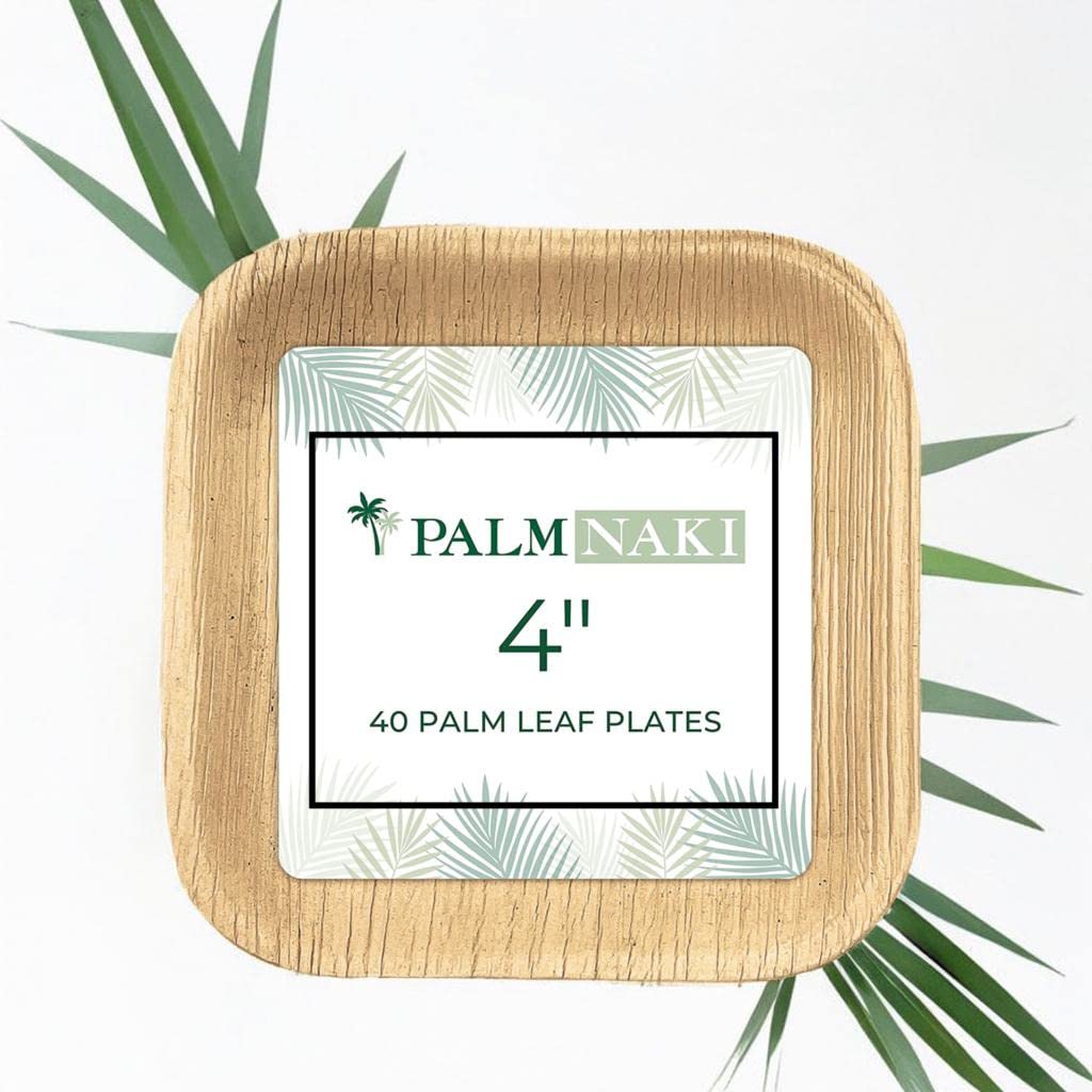 PALM NAKI Square Palm Leaf Plates (40 Count) - Disposable Dinnerware, Compostable and Biodegradable Plates