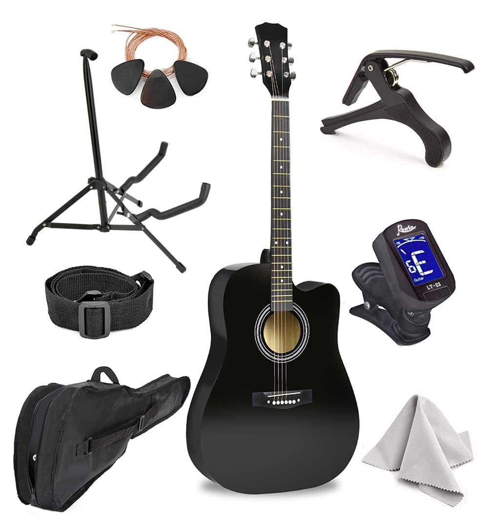 Master-play Beginner Full Size 41� Wood Cutaway All String Acoustic Guitar, With Bonus Accessories Kit; Case, Strap, Capo, Extra Strings, Picks, Tuner, Wash Cloth, Stand (Pinkburst)  - Like New