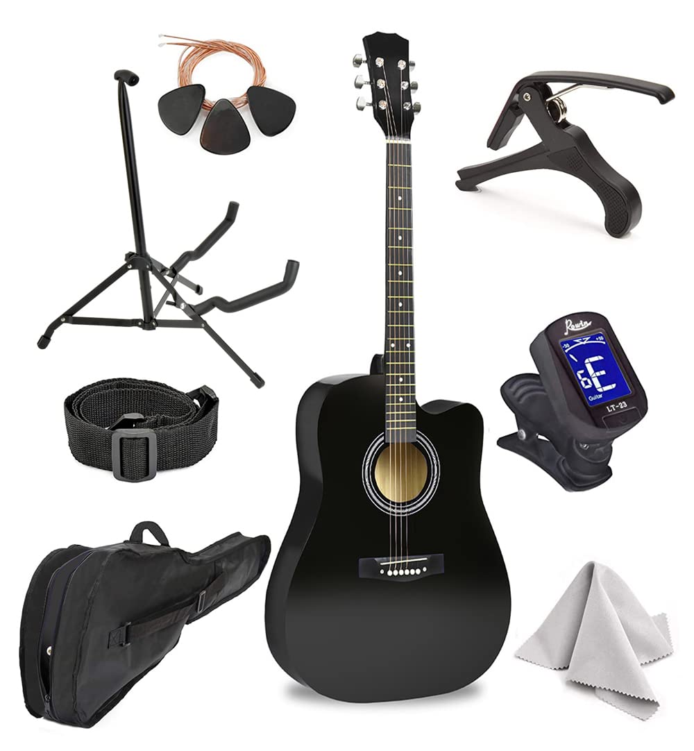 Master-play Beginner Full Size 41” Wood Cutaway All String Acoustic Guitar, With Bonus Accessories Kit; Case, Strap, Capo, Extra Strings, Picks, Tuner, Wash Cloth, Stand  - Acceptable