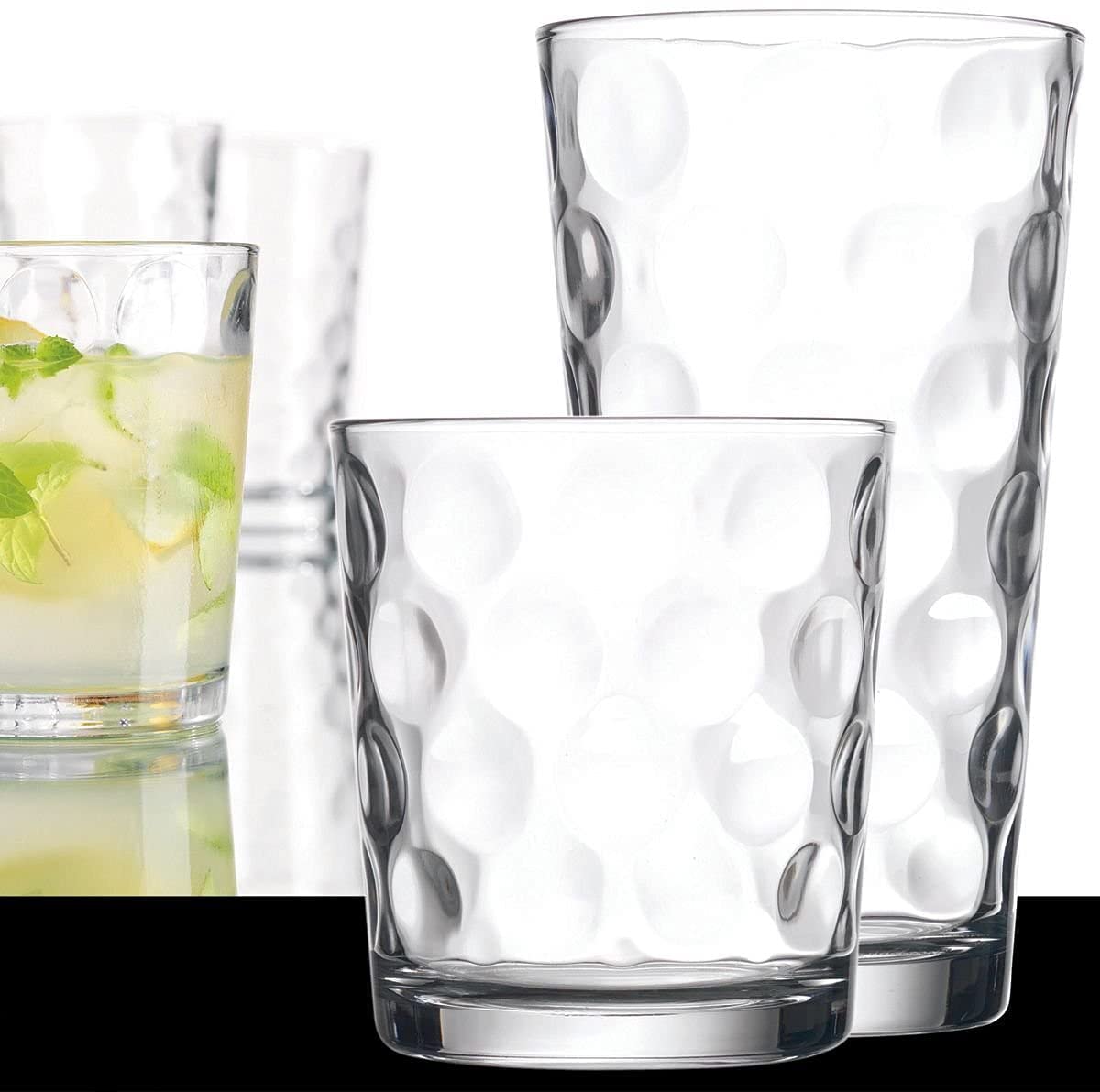 Drinking Glasses Set Of 16 - By Home Essentials - 8 Highball Glasses (17 oz.), 8 Rocks Whiskey Glass cups (13 oz.), Inner Circular Lensed Glass Cups for Water, Juice and Cocktails.  - Like New