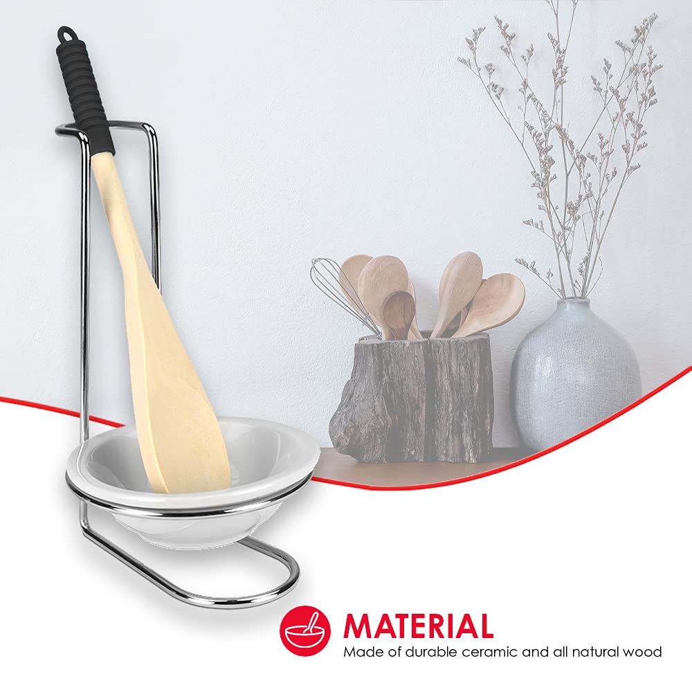 Home Basics Standing Spoon Rest with Ceramic Tray and Wooden Spoon, Spatula, Ladle Rest for Kitchen Countertops, Stove, Chrome  - Like New