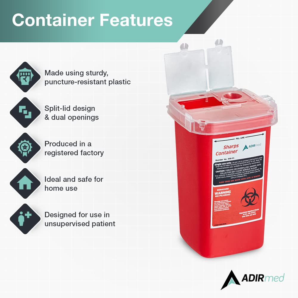 AdirMed Sharp Needle Disposal Container for Home, Clinic, Office, Barber Use with Flip-Open Lid (1 Quart -1 Pack)  - Like New