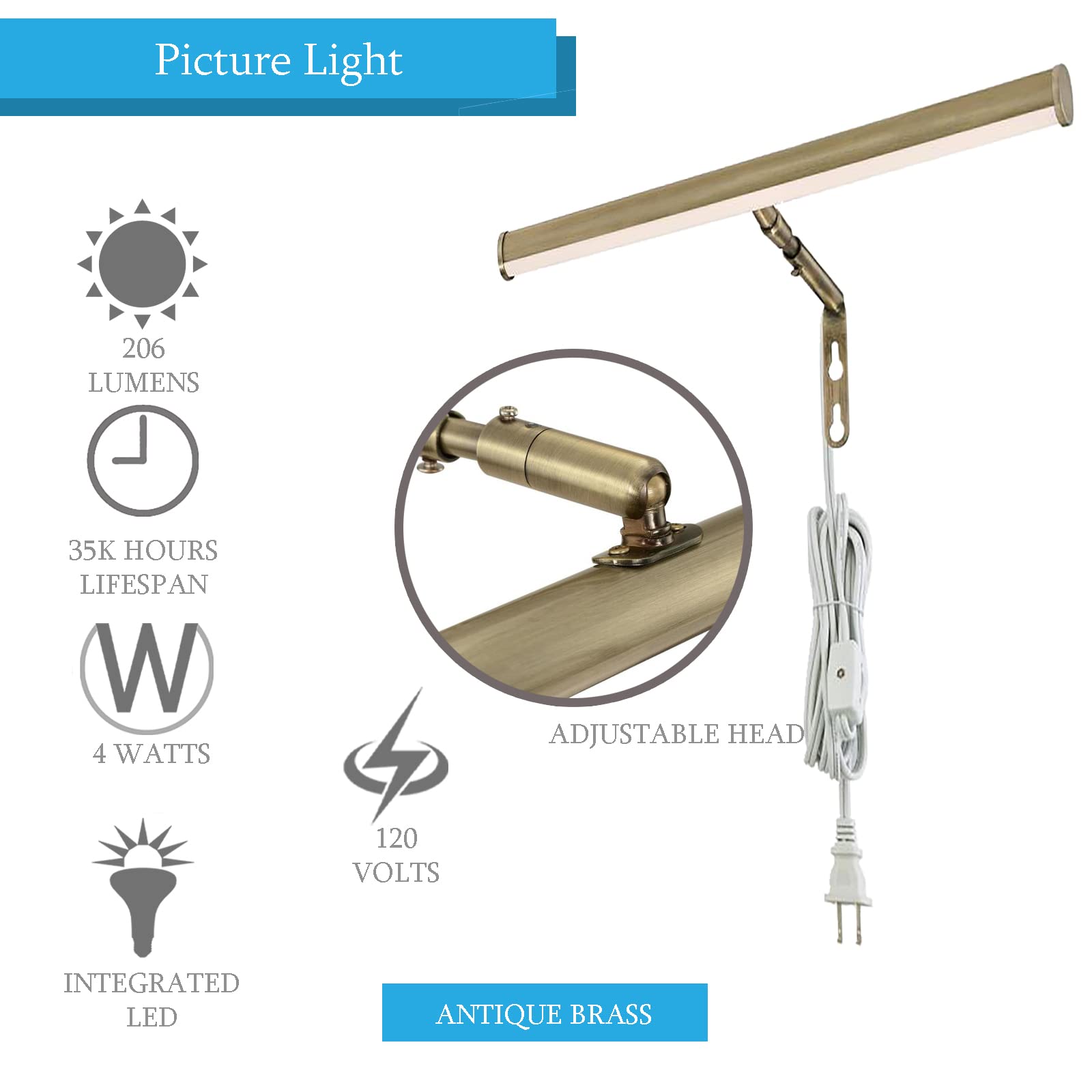 Ciata Picture Light, 14-Inches Picture Frame Light Integrated LED Art Light, 3000K 4 Watt Adjustable Metal Picture Lights for Wall, Artwork Light with in-line On/Off Switch, CRI -90, Antique Brass  - Very Good