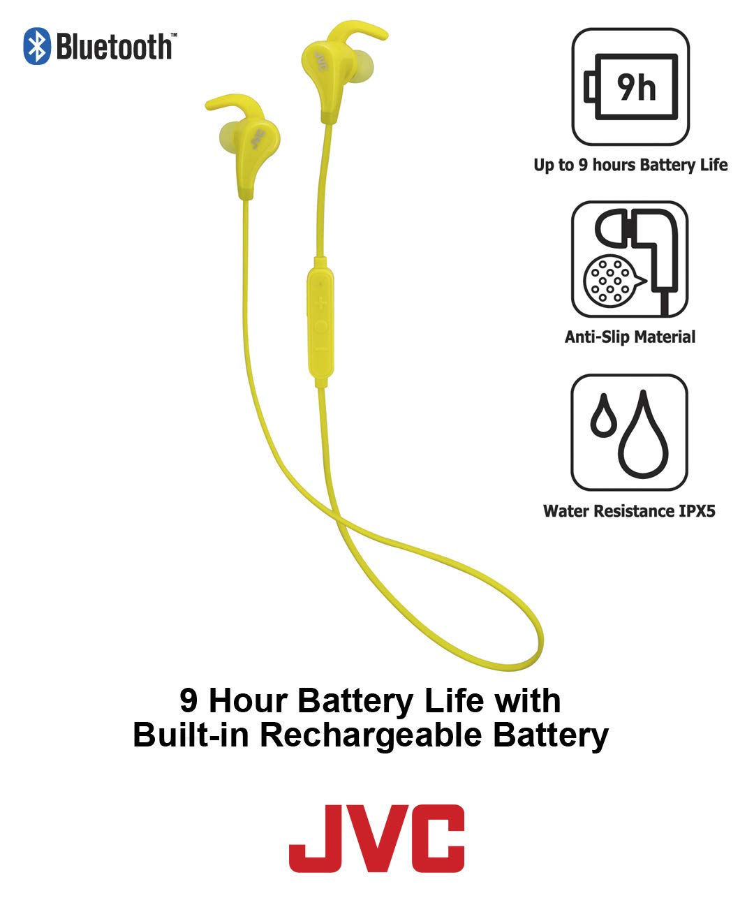 JVC Yellow and Grey Wireless Water Resistant Pivot Motion Sport Headphone with Locking Ear Fit HA-ET50BTY  - Like New