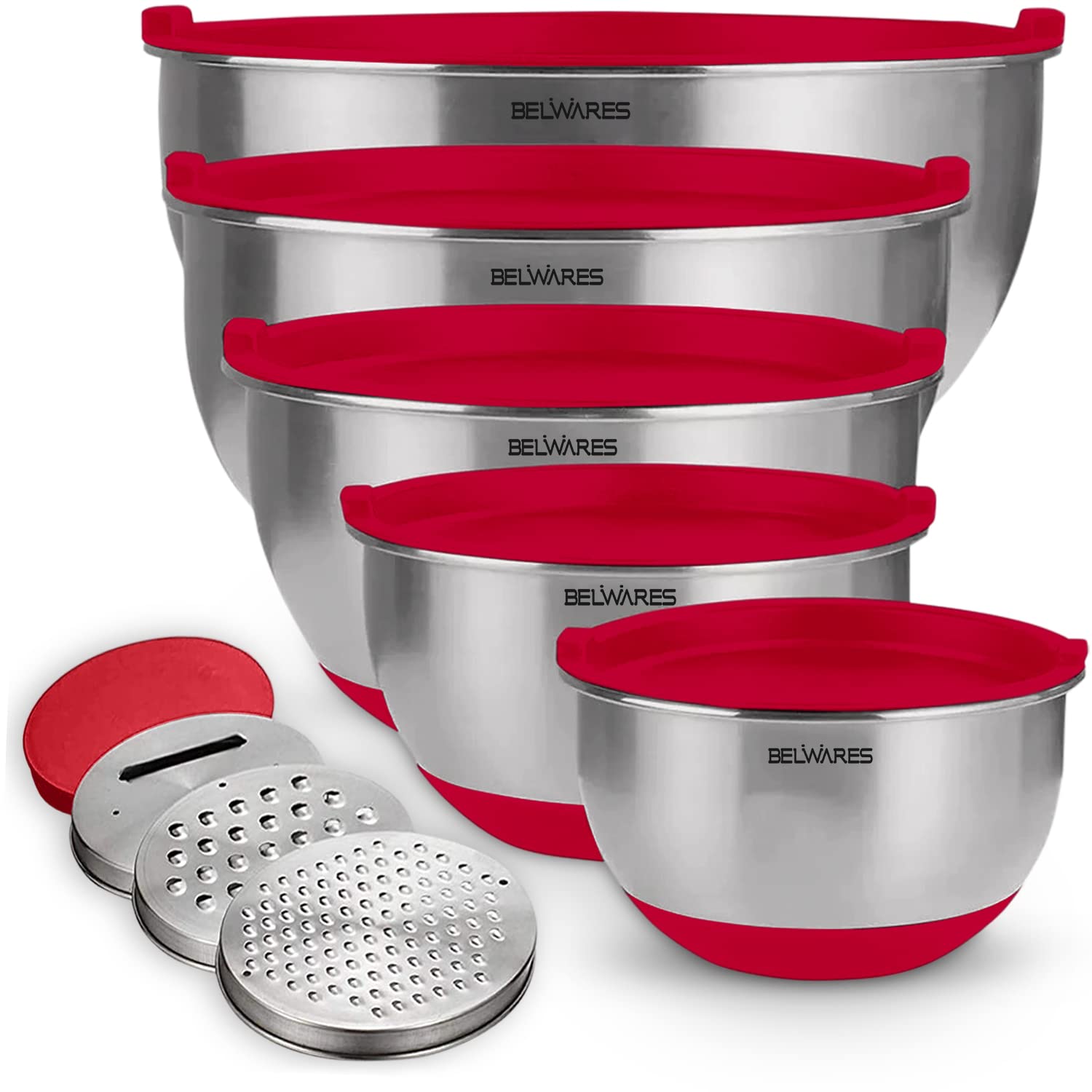 Belwares Mixing Bowls with Lids Set - Nesting Bowls with Airtight Lids + Graters - Stainless Steel Non-Slip Mixing Bowl for Baking, Food Storage and Prepping (Red, 5-Piece Set)  - Like New