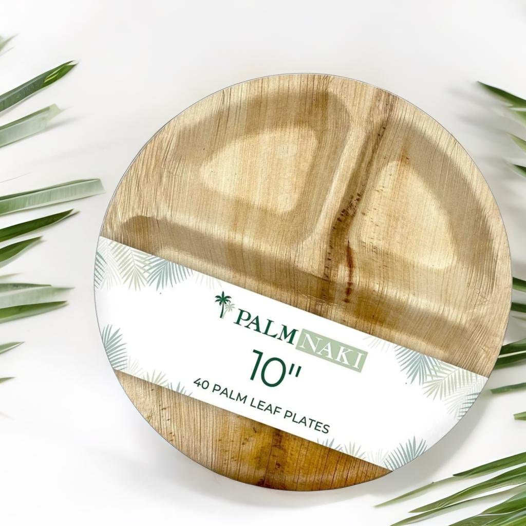 PALM NAKI Round Compartment Palm Leaf Plates (40 Count) - BPA Free Plates, Disposable Dinnerware, Compostable and Biodegradable 3 Compartment Plates, Eco Friendly Plates (10" Round Plates)  - Acceptable