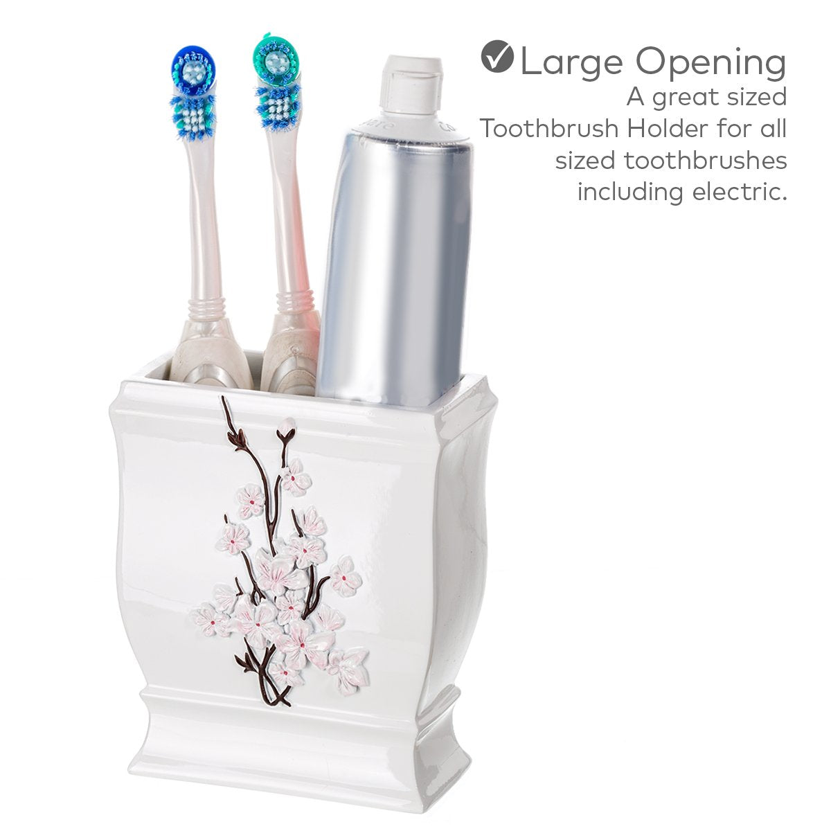 Creative Scents White Bathroom Accessories Set - Decorative 4 Piece Bathroom Set - Cherry Blossom Bathroom Accessory Set Includes: Soap Dispenser, Toothbrush Holder, Tumbler and Soap Dish (Vanda)  - Like New