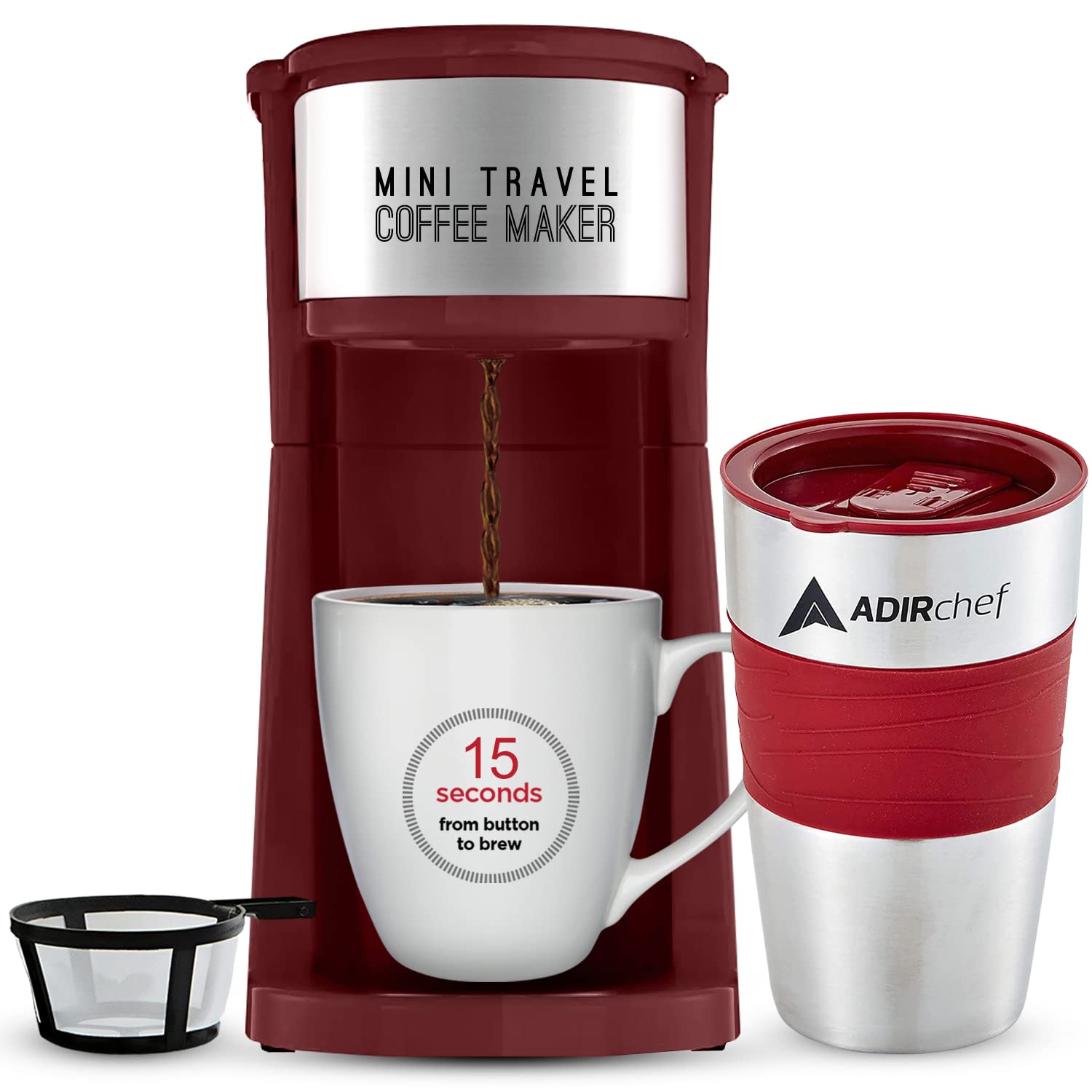 AdirChef Single Serve Mini Travel Coffee Maker & 15 oz. Travel Mug Coffee Tumbler & Reusable Filter for Home, Office, Camping, Portable Small and Compact for Fathers Day (Ruby Red)  - Good