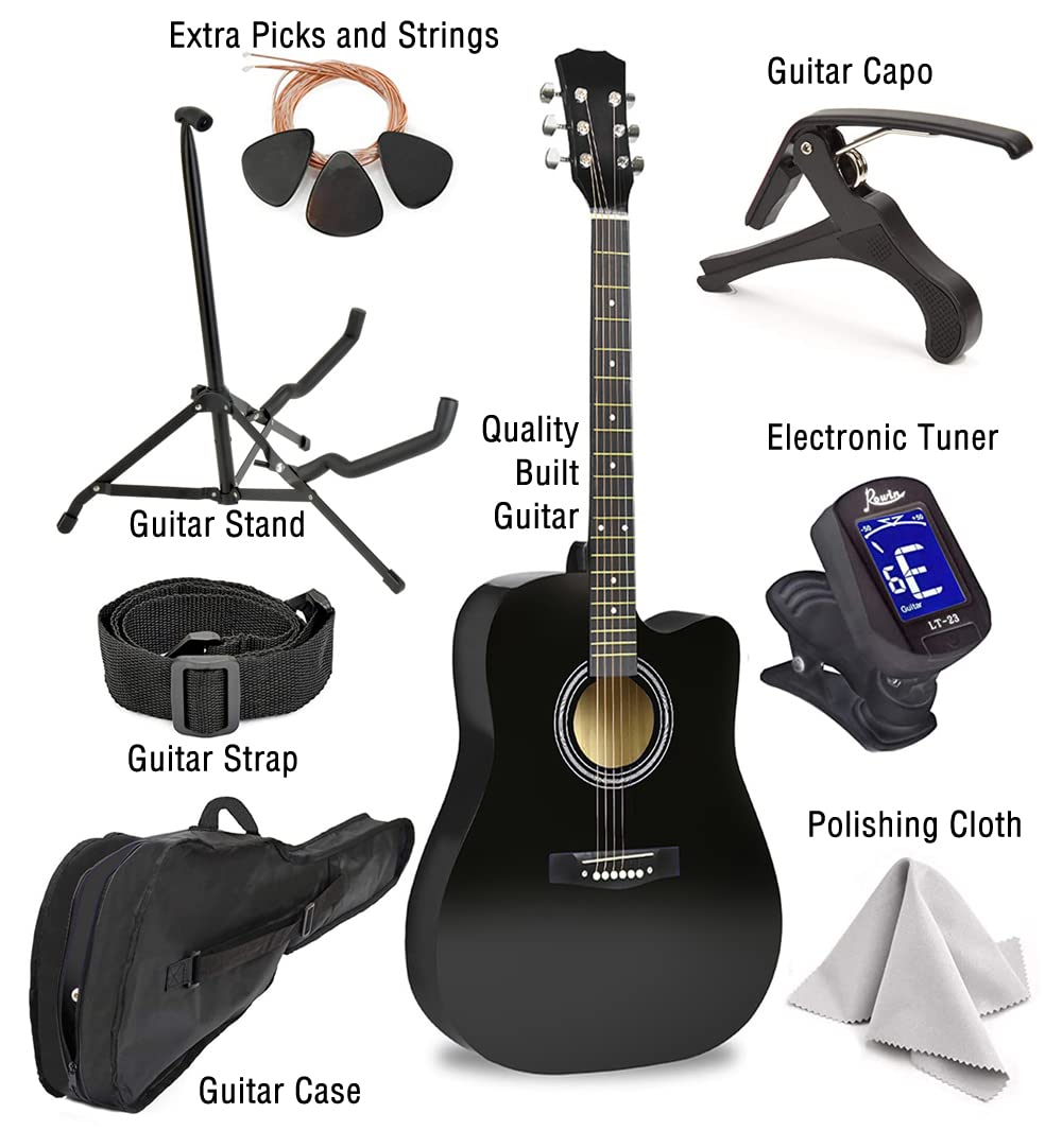 Master-play Beginner Full Size 41” Wood Cutaway All String Acoustic Guitar, With Bonus Accessories Kit; Case, Strap, Capo, Extra Strings, Picks, Tuner, Wash Cloth, Stand  - Very Good