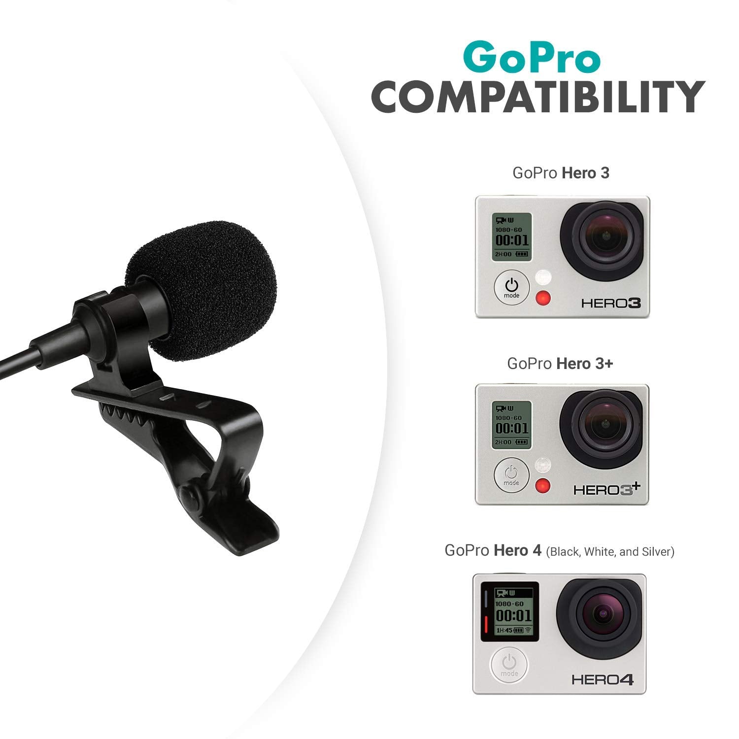 Movo GM100 Clip-on Lavalier Microphone for Compatible with GoPro HERO3, HERO3+ and HERO4 Black, White and Silver Editions - Includes Mic Adapter for Go Pro  - Good