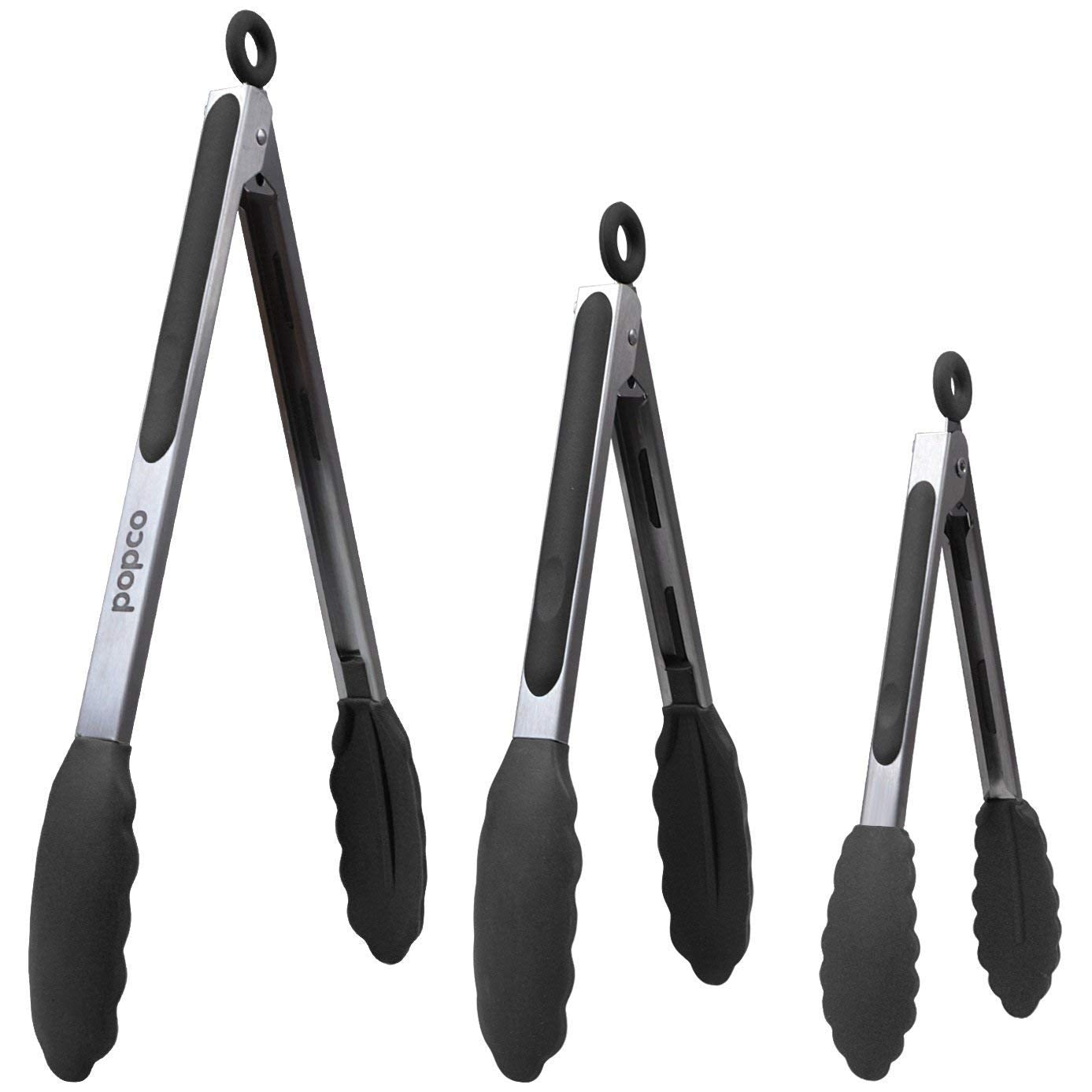 The Original Popco Tongs, Set of 3-7,9,12 inches, Heavy Duty, Stainless Steel Bbq and Kitchen Tongs with Silicone Tips (Can Also Be Used as Ice Tongs and Sugar Tongs)  - Like New