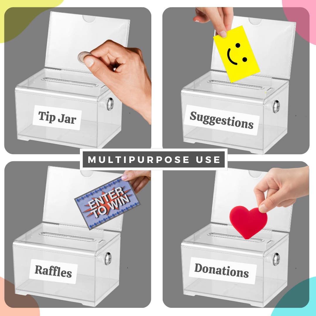 Adir Acrylic Donation Ballot Box with Lock - Secure and Safe Clear Slotted Suggestion Box - Storage Lock Deposit Box with Keys for Cards, Votes, Tickets, Feedback and Money (6.25" x 4.5" x 4")  - Like New