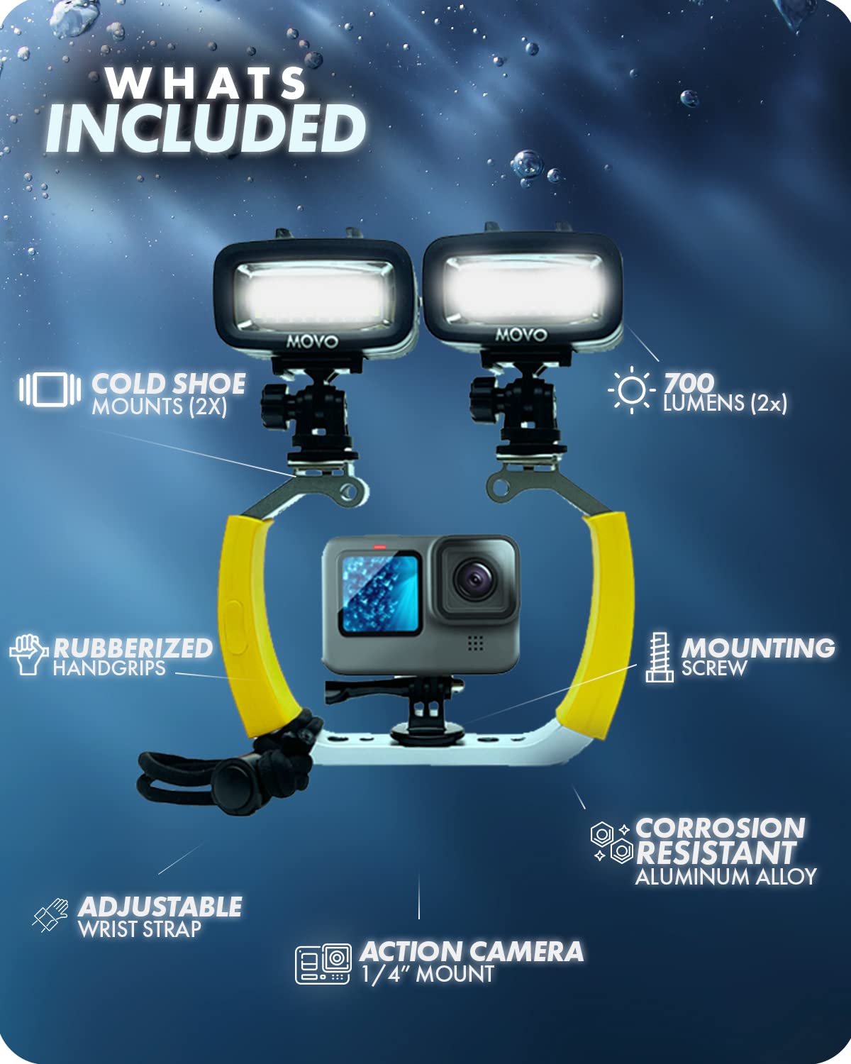 Movo DiveRig3 Diving Rig Bundle with 2 Waterproof LED Lights - Compatible with GoPro HERO3, HERO4, HERO5, HERO6, HERO7, HERO8, and DJI Osmo Action Cam - Scuba Accessories for Underwater Camera  - Very Good