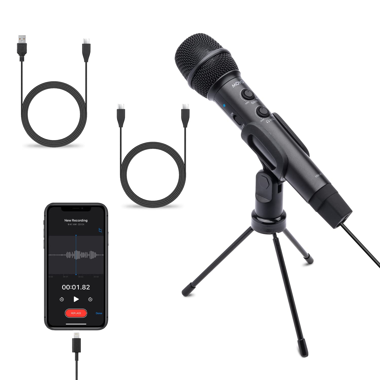 Movo HM-K1 Handheld Digital Cardioid Condenser Microphone for iPhone, Android, Computer with Mic Stand - USB, USB C and Lightning Connector Cables - Mic Compatible with PC, Mac, iPhone, iPad, Android  - Like New