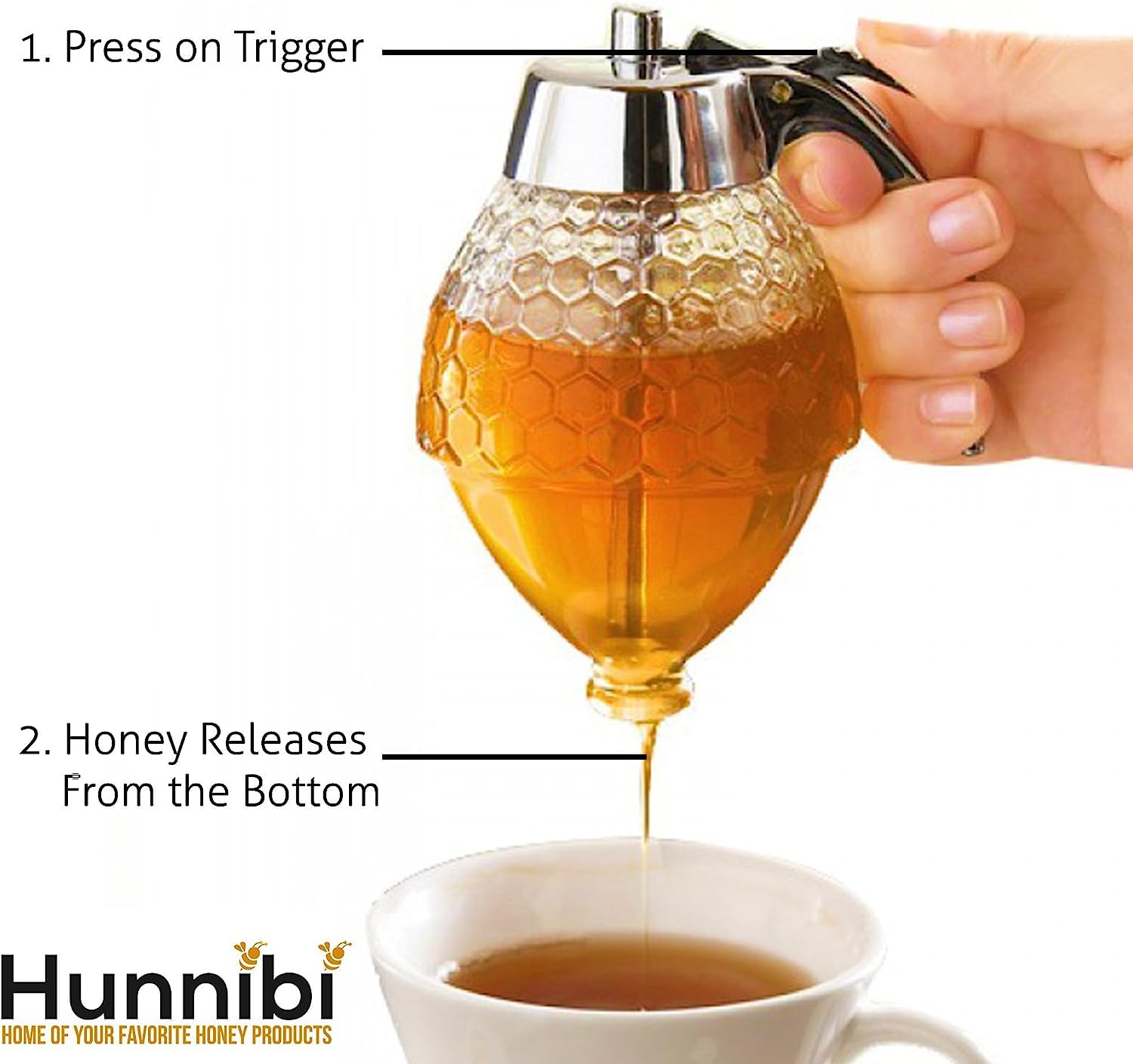 hunnibi Honey Dispenser PLUS - Glass Honey Dispenser No Drip Glass with Stand and STAINLESS STEEL TOP - Syrup Dispenser Glass - Beautiful Honey Pot - Honey Jar with Stand  - Like New