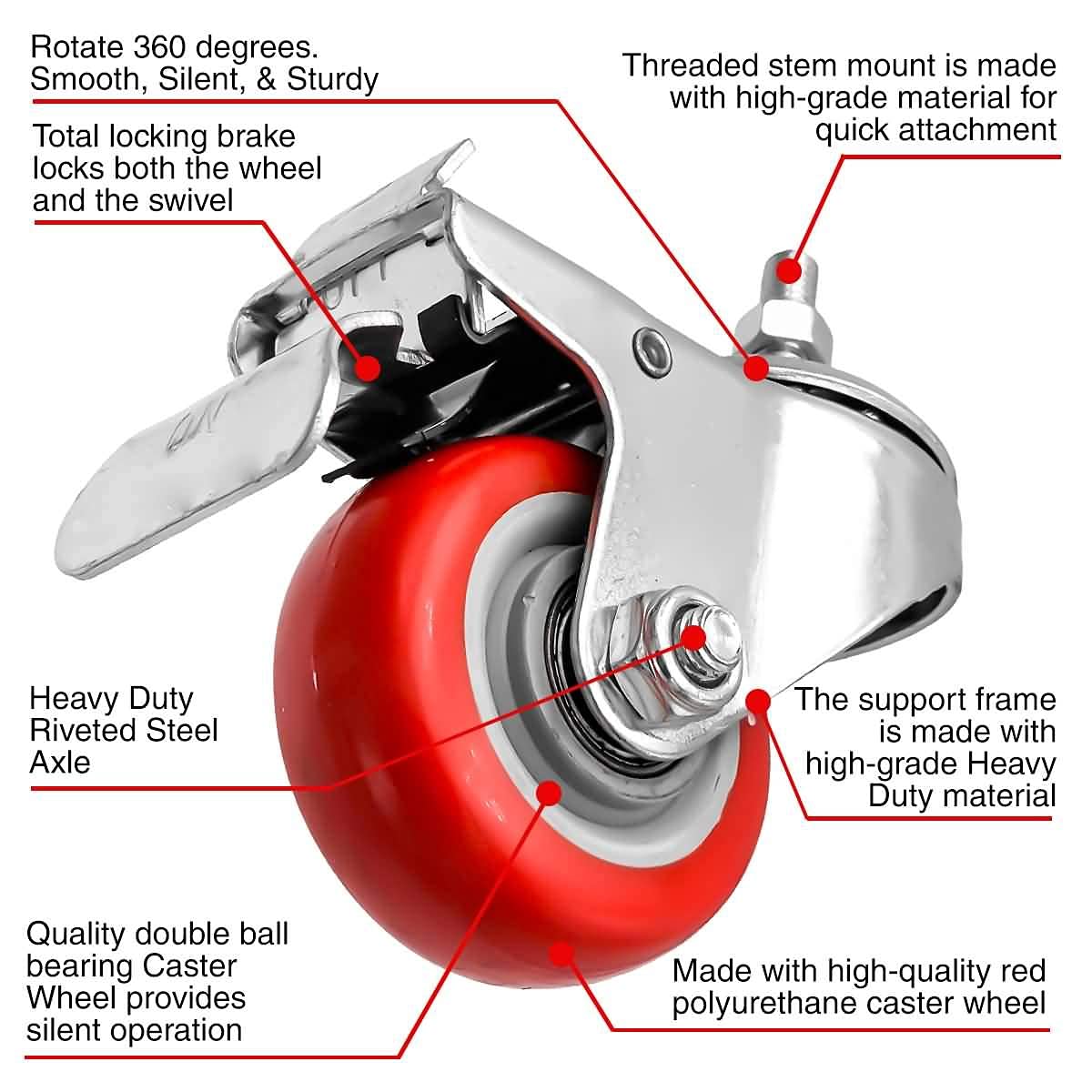 FactorDuty 3 Inch RED Caster Wheel with Brake Dual Locking 3/8"-1.2" Threaded Stem Mount Caster Wheel Polyurethane Wheels Premium Non Marking No Noise 250LB Per Wheel (Pack of 4)  - Acceptable