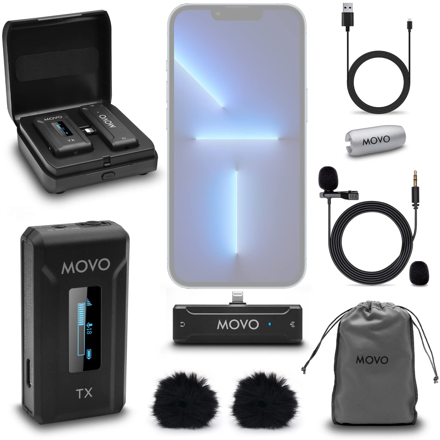 Movo WMX-2-L Wireless Microphone for iPhone with Charging Case - Lightning Microphone, Omnidirectional Mic, 328ft Range, 7hr Battery Life  - Very Good