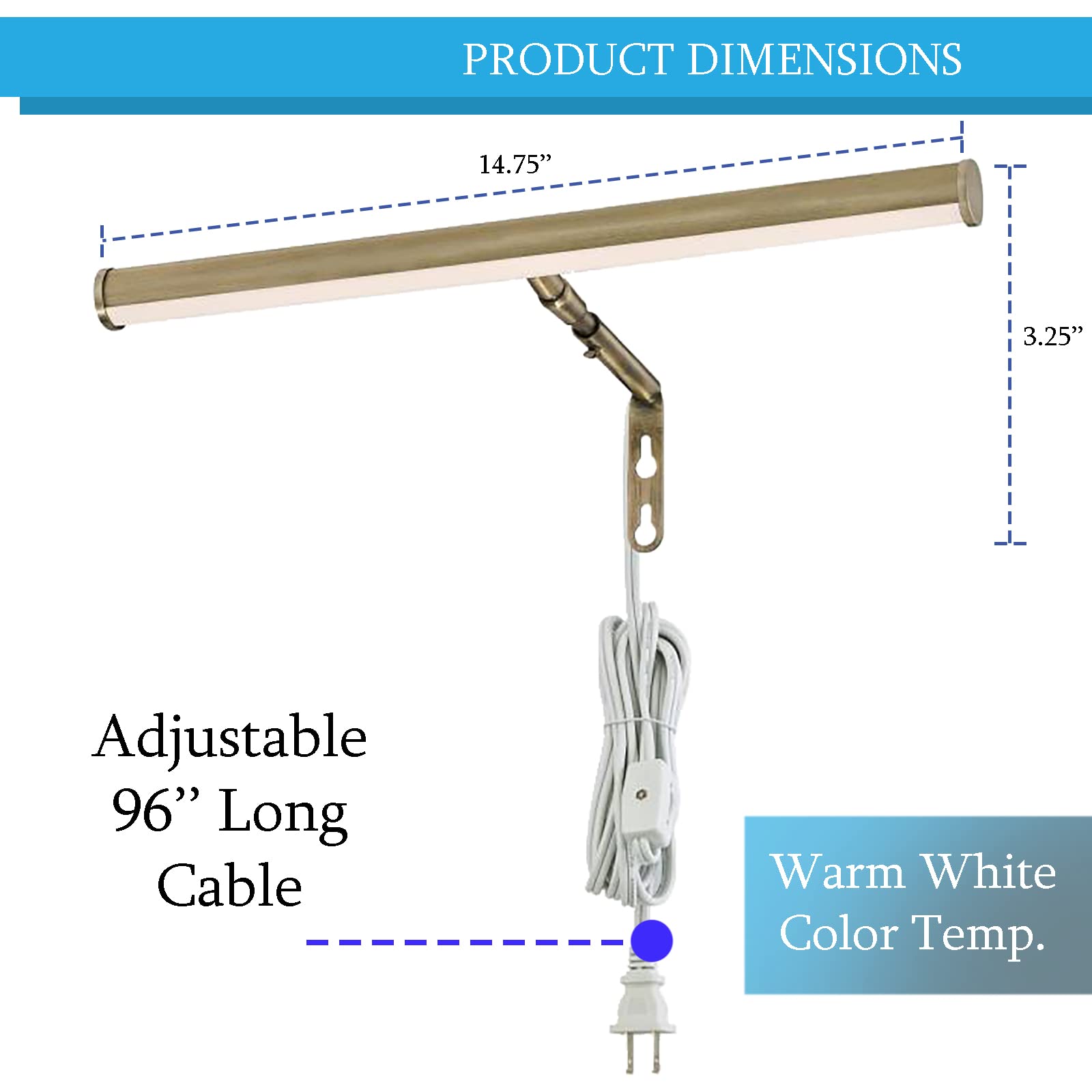 Ciata Picture Light Picture Frame Light Adjustable 14-Inches Integrated LED Art Light, 15 Watt Metal Picture Lights for Wall, Artwork Light with in-line On/Off Switch E12 Candelabra Base Antique Brass  - Good