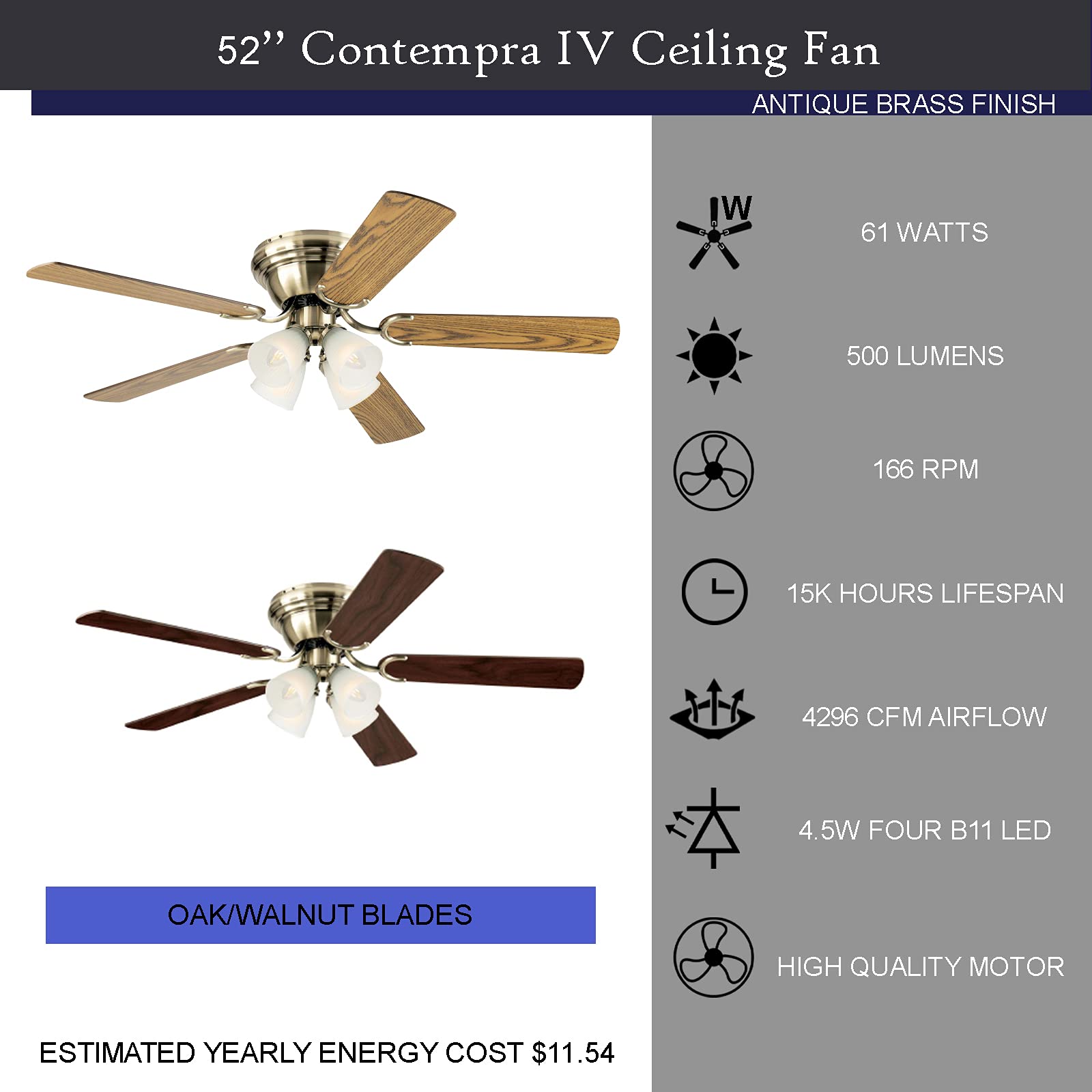 Ciata Lighting 52 Inch Contempora IV Indoor Ceiling Fan with Dimmable LED Light Fixture in Ribbed Glass with Reversible Blades  - Like New