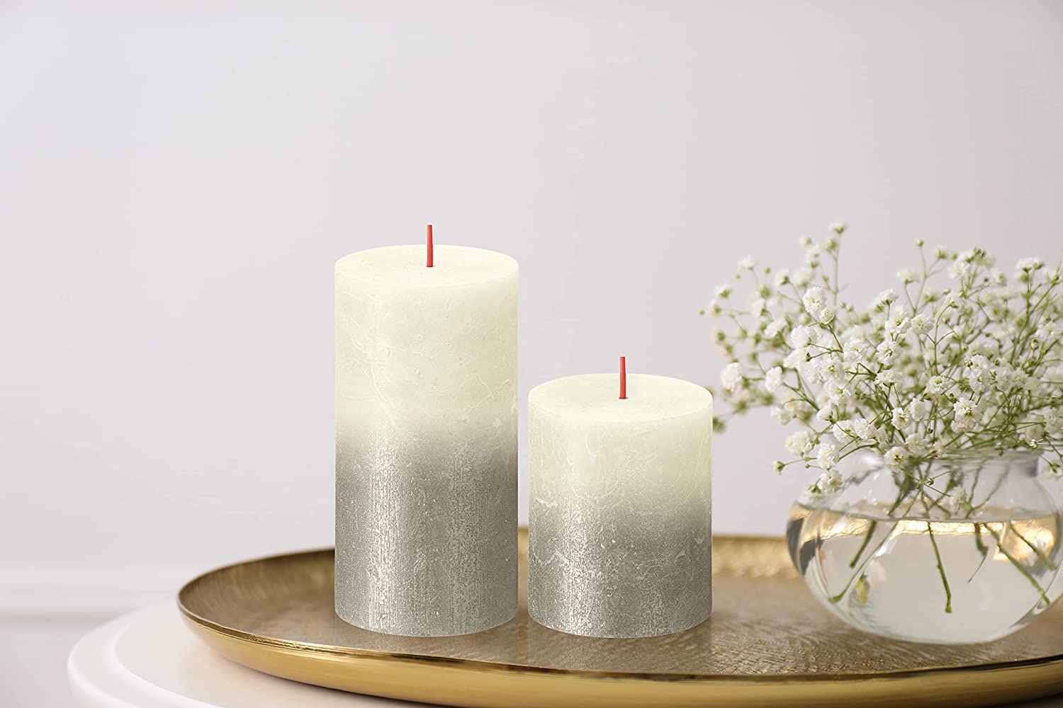 BOLSIUS 4 Pack Ivory/Silver Sunset Rustic Metallic Pillar Candles - 2.75 X 3.25 Inches - Fine European Quality - Natural Eco-Friendly Plant-Based Wax - Unscented Dripless Smokeless 35 Hour Candles  - Like New