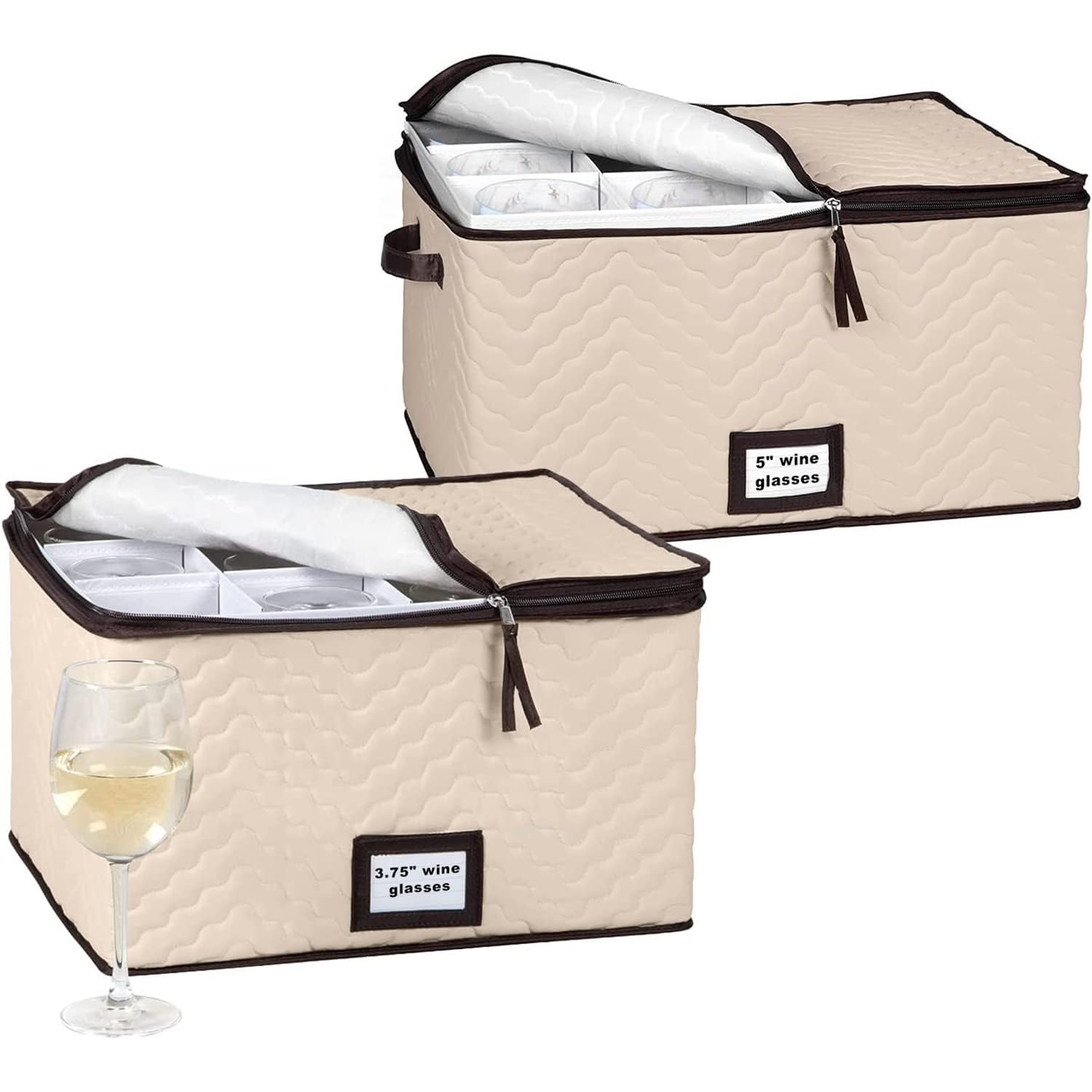 Hold N Storage Pack of 2 Sizes Wine Glass Storage with Dividers - Each Holds 12 Standard Size Wine Glasses Up to 10" H - Stemware Storage Case, Protects Fine China, Durable Quilted Microfiber Bin  - Like New