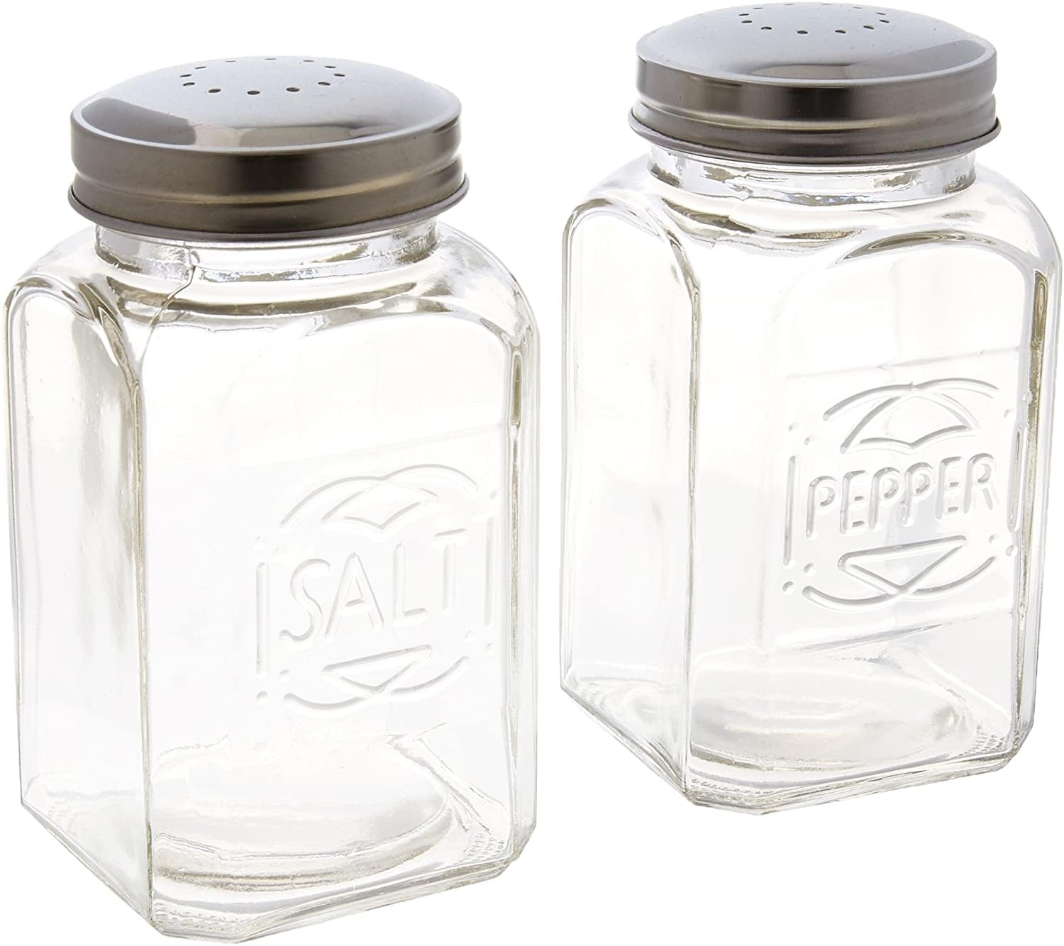 Salt and Pepper Shakers By Home Essentials & Beyond Set of 2 Clear Glass Salt and Pepper Shaker Holders with Stainless Steel Lids.  - Acceptable