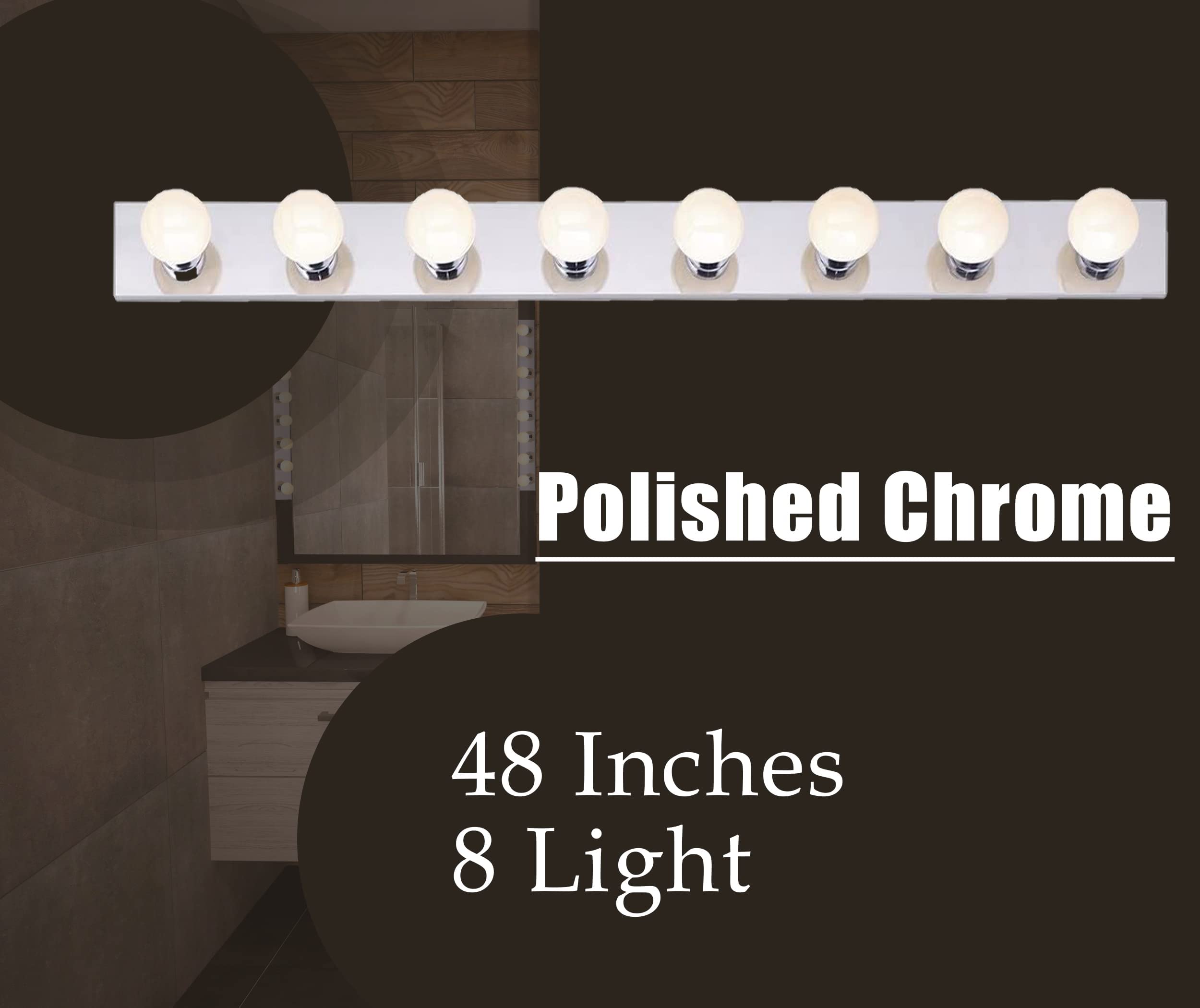 DYSMIO Lighting Eight Light Vanity Strip - Hollywood Style Mirror Fixture with Chrome Plates � Salon-Grade Accessories for Bedroom, Bathroom, Dressing Room, Makeup Studio - 48 x 4.25 Inches  - Like New