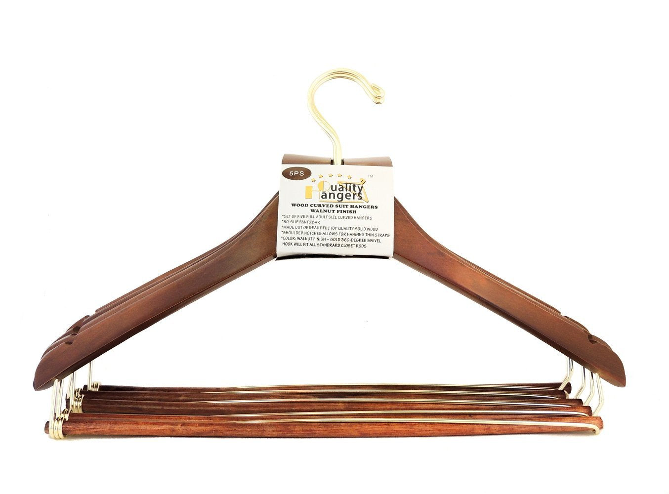 Quality Hangers Wooden Hangers Beautiful Sturdy Suit Coat Hangers with Locking Bar Gold Hooks  - Like New