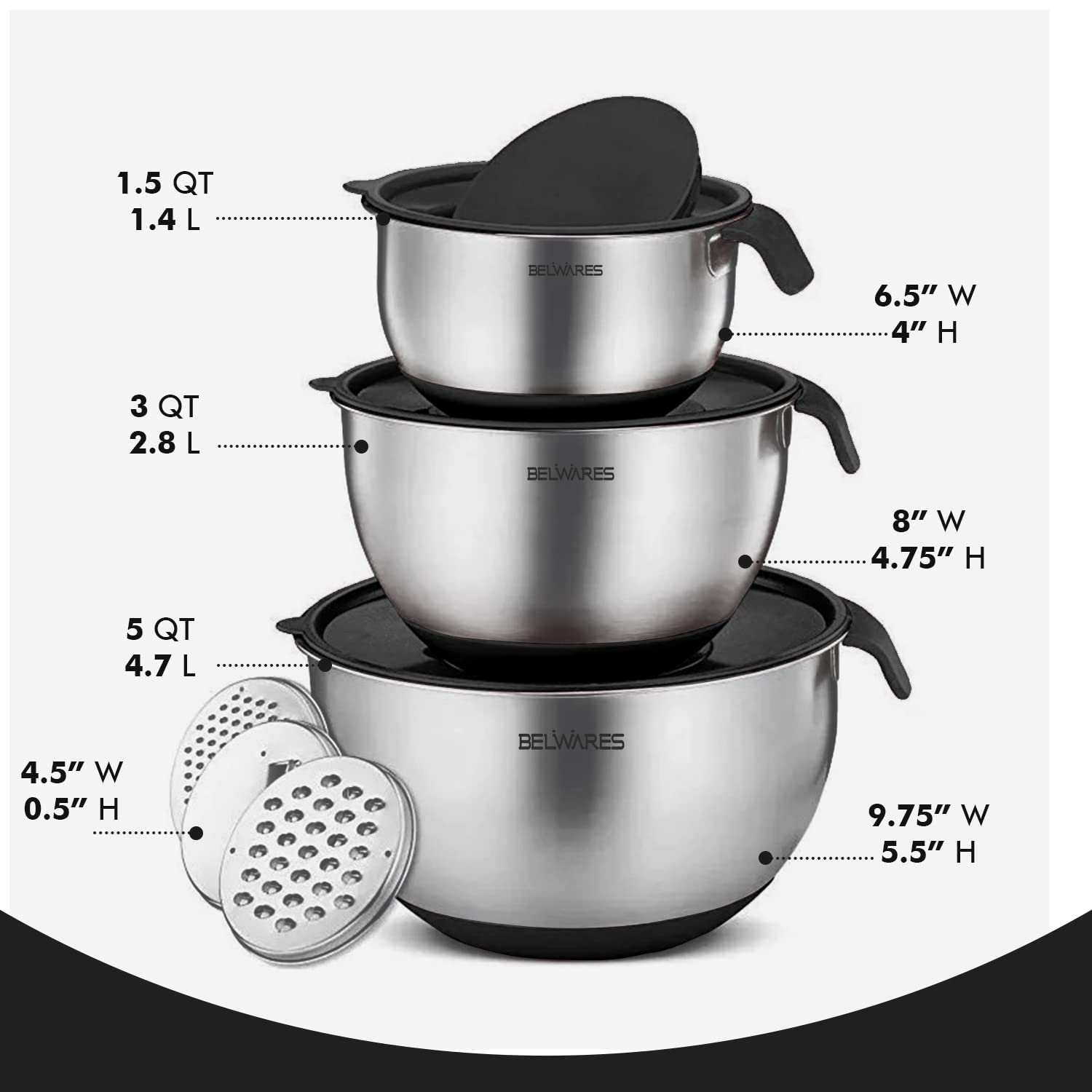 Belwares Mixing Bowls with Lids Set - Nesting Bowls with Graters, Handle, Pour Spout, Airtight Lids - Stainless Steel Non-Slip Mixing Bowl for Cooking, Baking, Prepping, Food Storage  - Like New