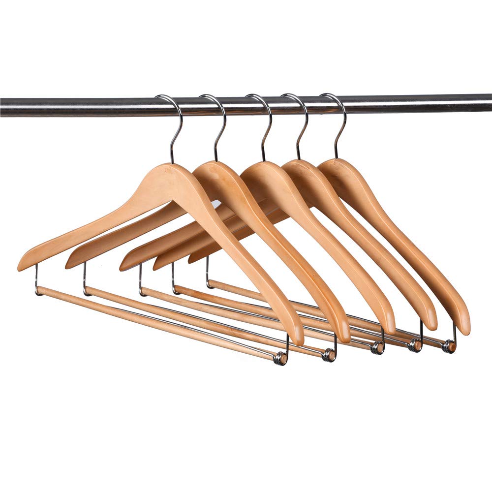 Quality Hangers 100 Pack Wooden Hangers Beautiful Sturdy Suit Coat Hangers with Locking Bar Glossy Natural Wood  - Good