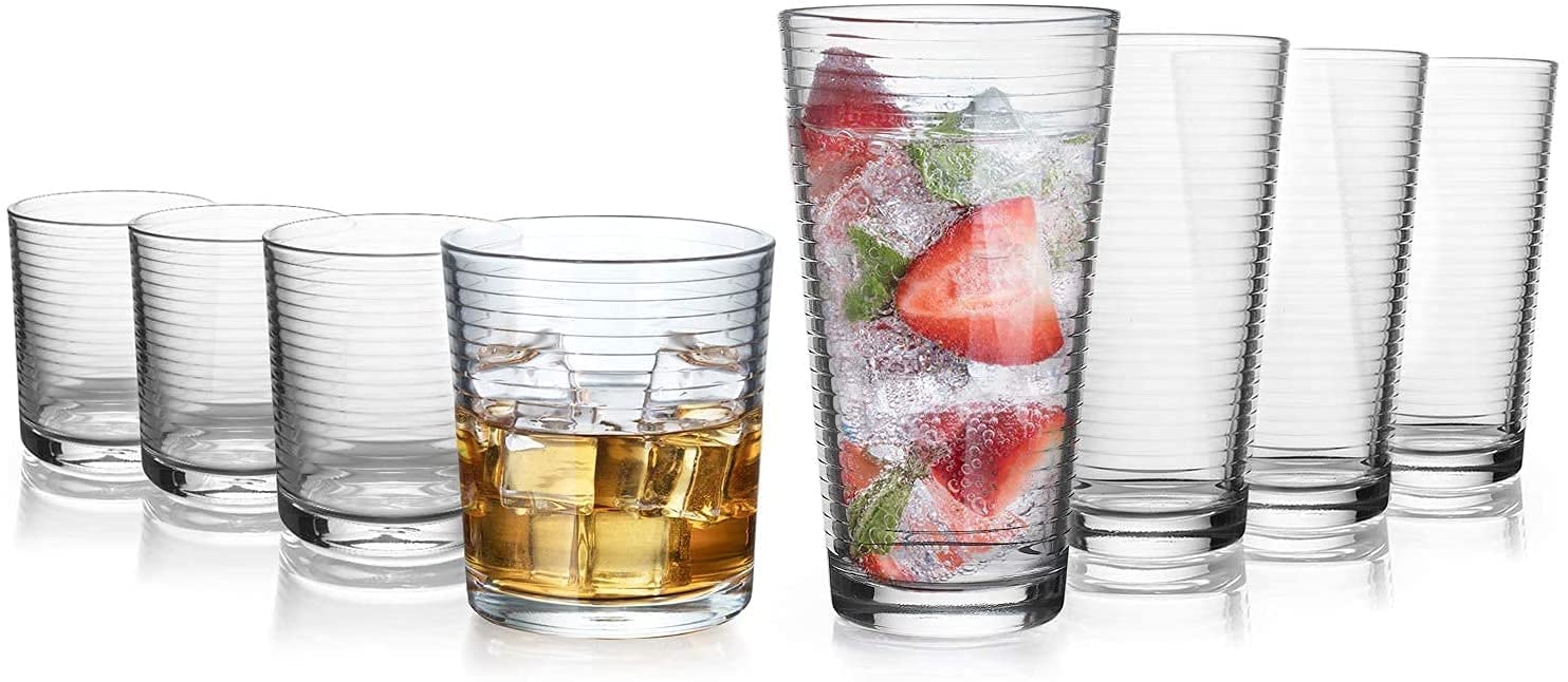 Glaver's Drinking Glasses, Ribbed Designs, Ideal for Water, Juice, Cocktails, and Iced Tea. Dishwasher safe  - Like New