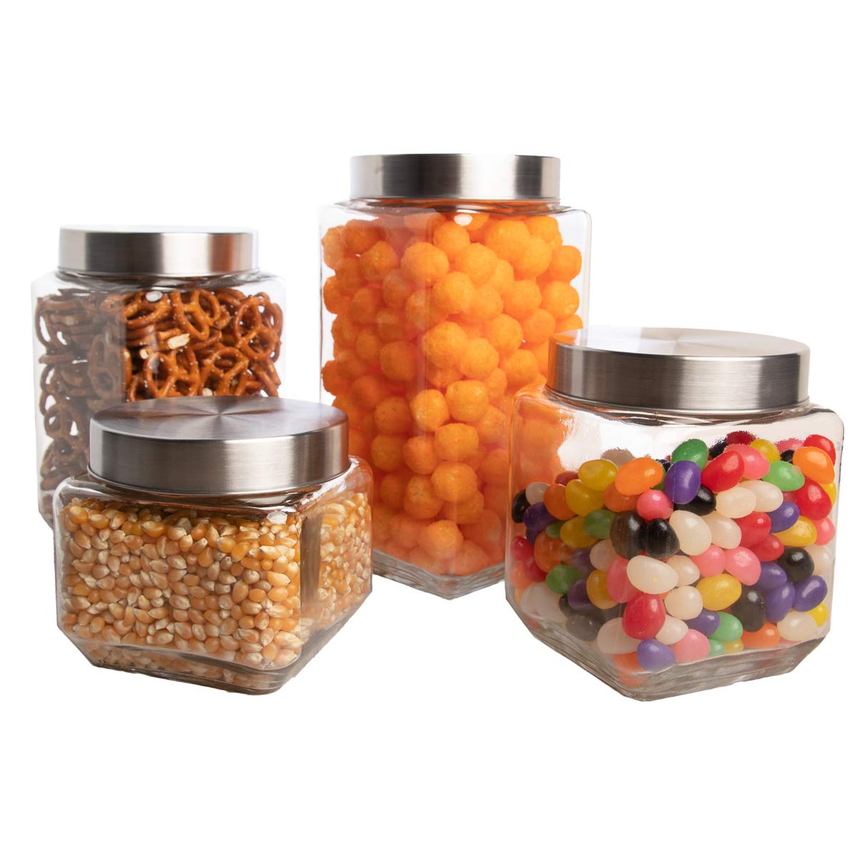 Farberware Set of 4 Variety Size Glass Canister Food Storage Container with Stainless Steel Lids � Beans Cereal Coffee Rice Flour Candy Sugar & More  - Like New