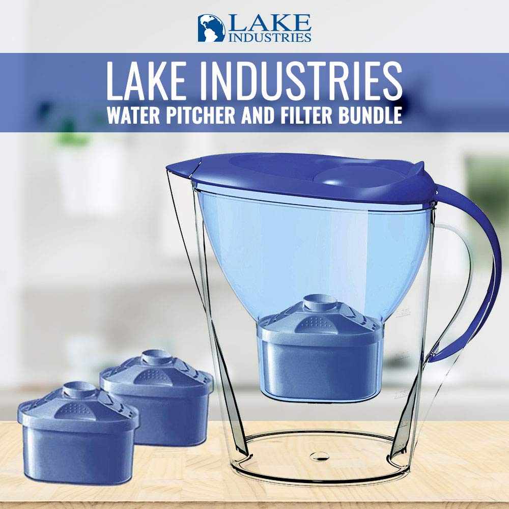 Lake Industries Alkaline Water Filter Pitcher 2.5LGREAT GIFT BPA free BUNDLE with Water Pitcher Cartridge Replacement Filters-2 Pack- Durable & Heavy 7Stage Filter-Removes Free-Radicals and Eliminates  - Like New